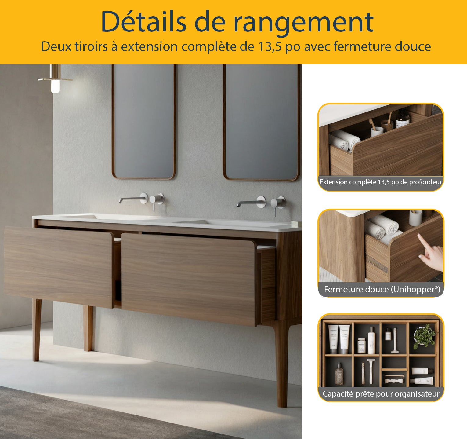 72" Walnut Wall Mount Double Sink Bathroom Vanity with Matte White Solid Surface Countertop