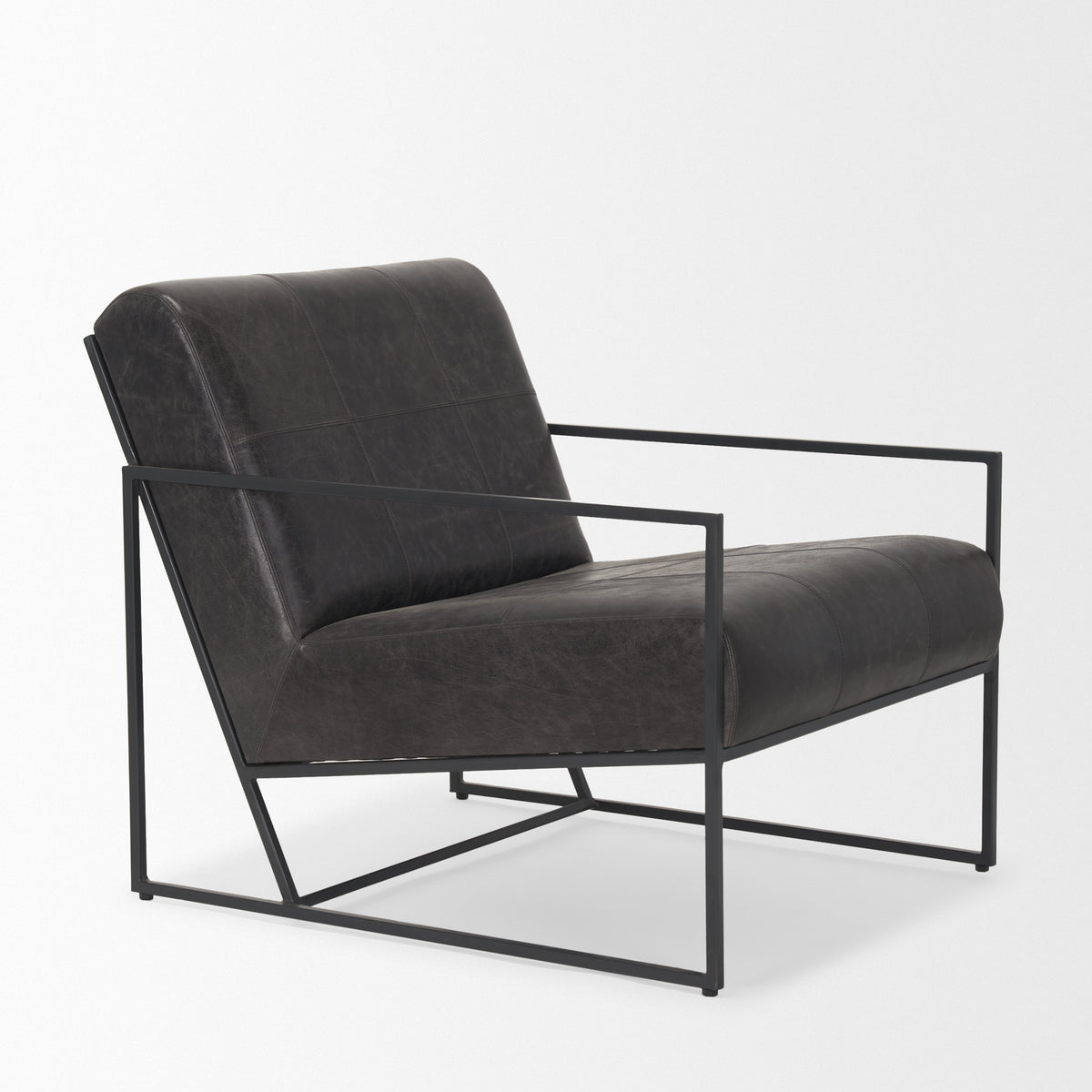 Stratton Gunmetal w/ Genuine Aged Leather Upholstered Accent Chair-Accent Chairs-DECOROLALA