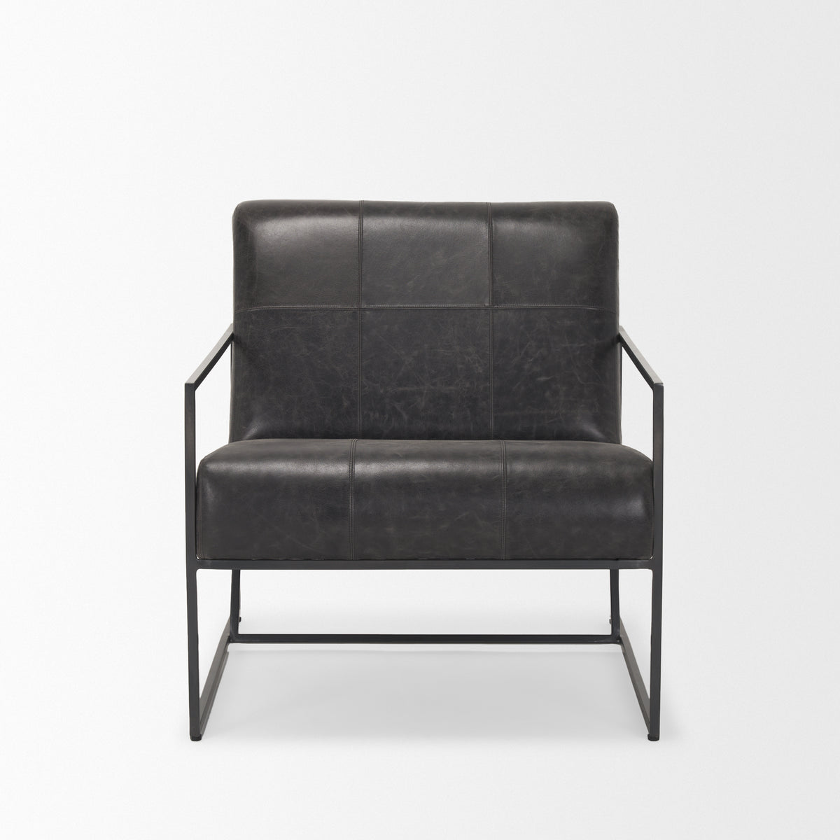 Stratton Gunmetal w/ Genuine Aged Leather Upholstered Accent Chair-Accent Chairs-DECOROLALA