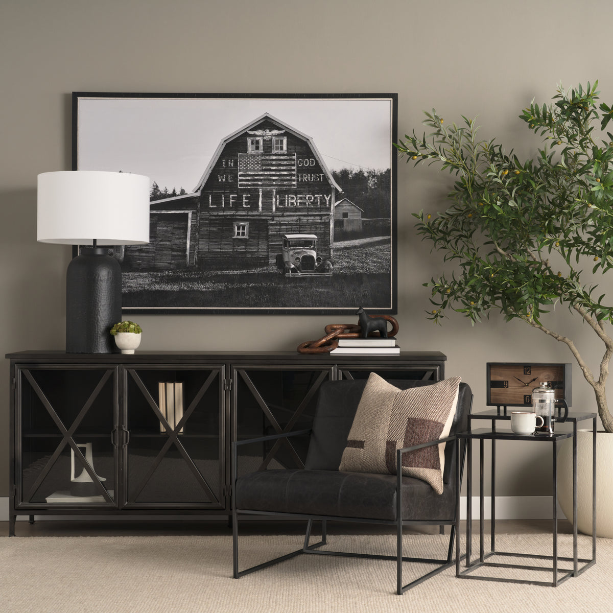 Stratton Gunmetal w/ Genuine Aged Leather Upholstered Accent Chair-Accent Chairs-DECOROLALA