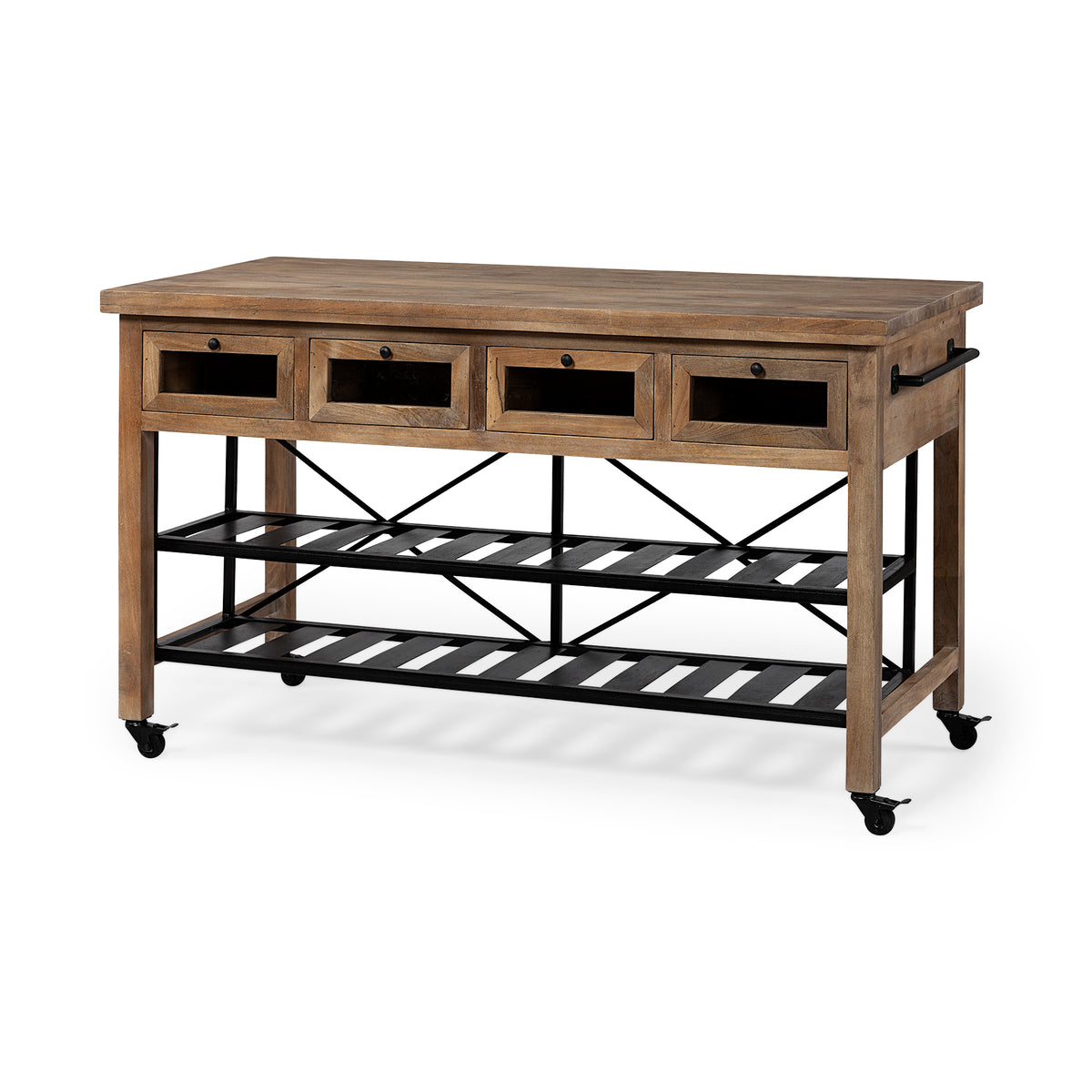 Stuart I Brown Solid Wood Top Two-Tier Black Metal Rolling Kitchen Island-Kitchen Islands-DECOROLALA