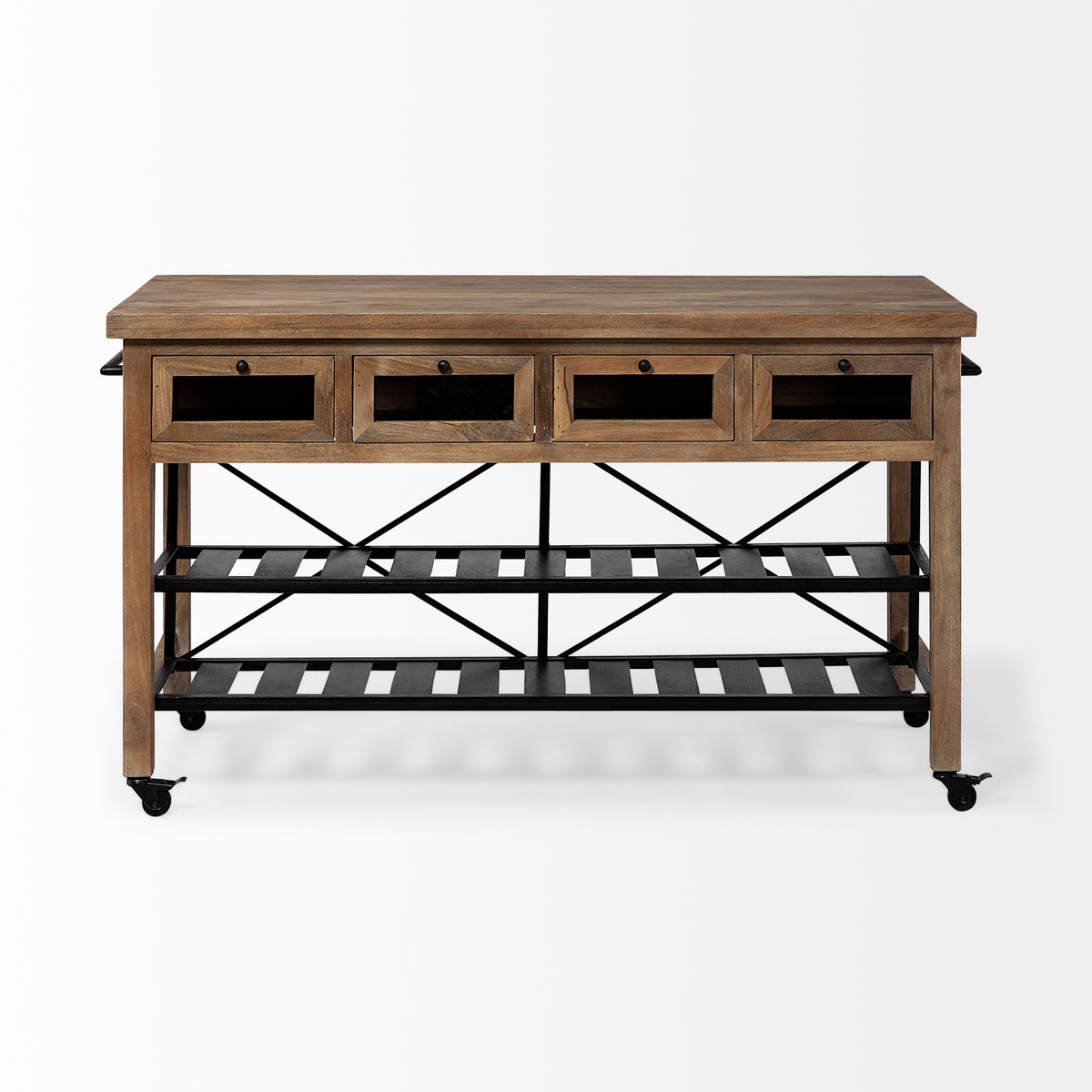 Stuart I Brown Solid Wood Top Two-Tier Black Metal Rolling Kitchen Island-Kitchen Islands-DECOROLALA