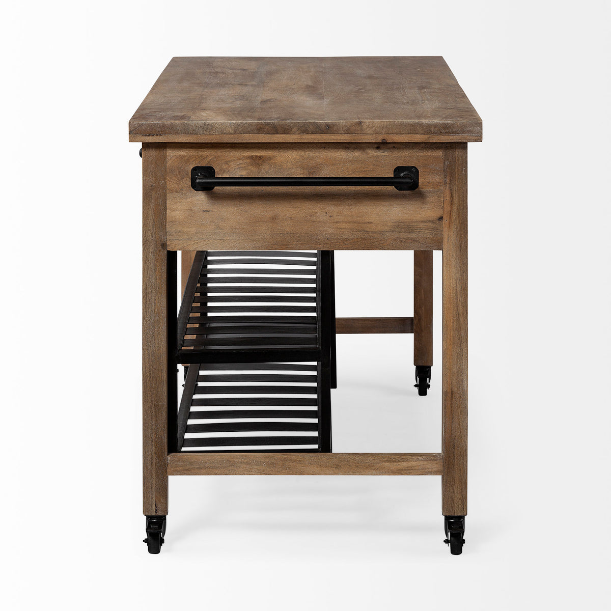 Stuart I Brown Solid Wood Top Two-Tier Black Metal Rolling Kitchen Island-Kitchen Islands-DECOROLALA