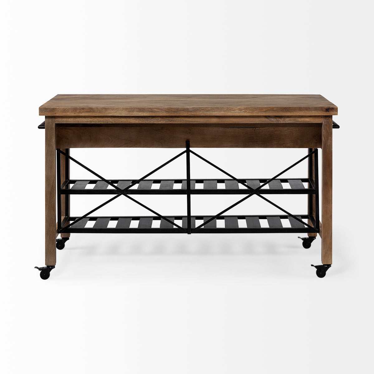 Stuart I Brown Solid Wood Top Two-Tier Black Metal Rolling Kitchen Island-Kitchen Islands-DECOROLALA