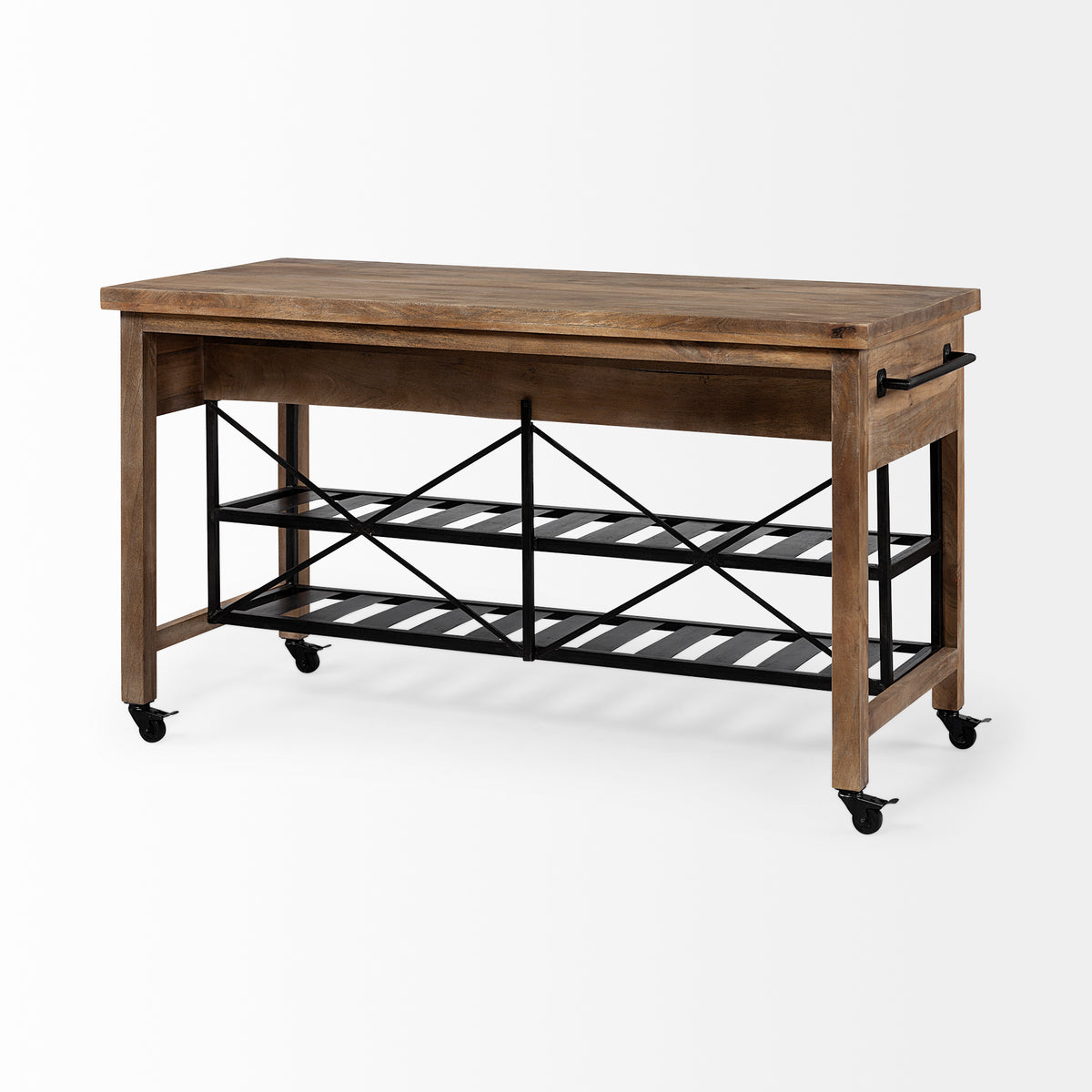 Stuart I Brown Solid Wood Top Two-Tier Black Metal Rolling Kitchen Island-Kitchen Islands-DECOROLALA