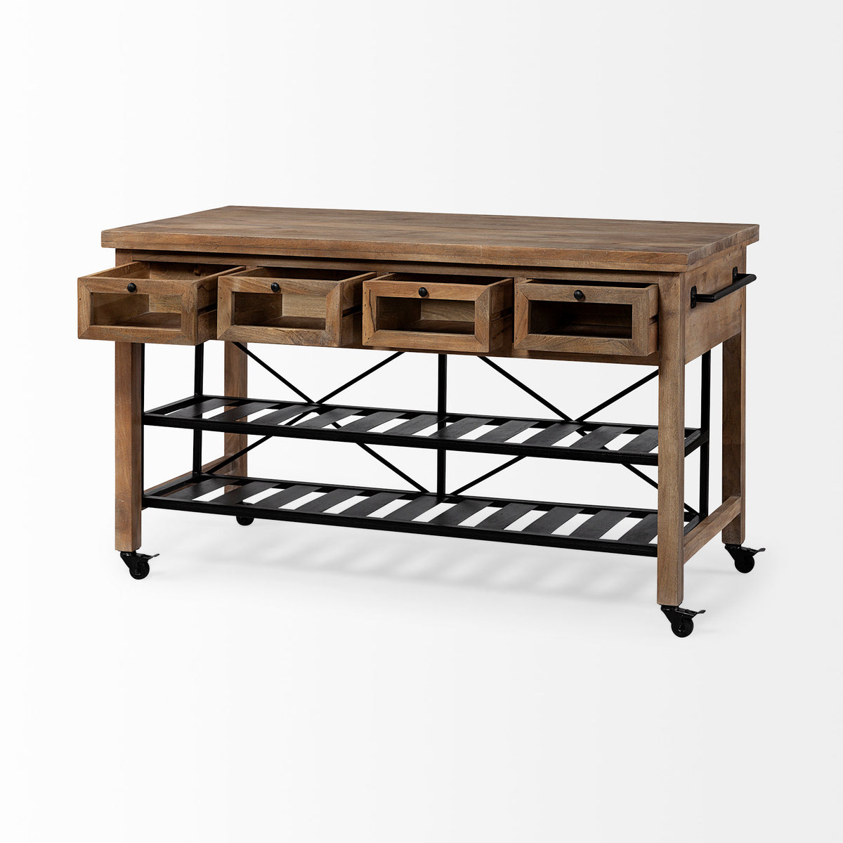 Stuart I Brown Solid Wood Top Two-Tier Black Metal Rolling Kitchen Island-Kitchen Islands-DECOROLALA