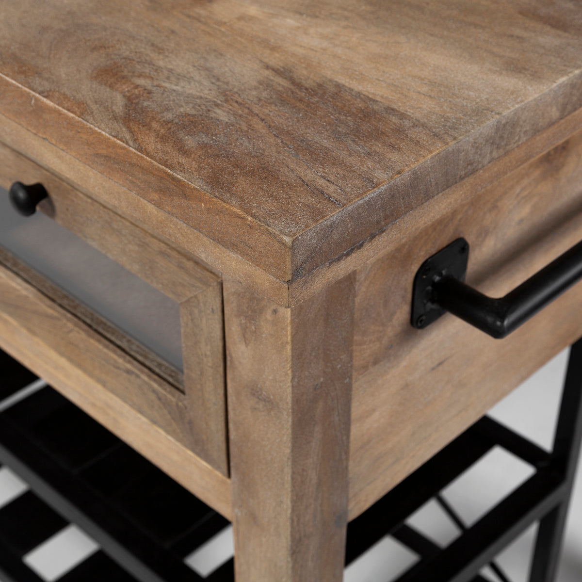 Stuart I Brown Solid Wood Top Two-Tier Black Metal Rolling Kitchen Island-Kitchen Islands-DECOROLALA