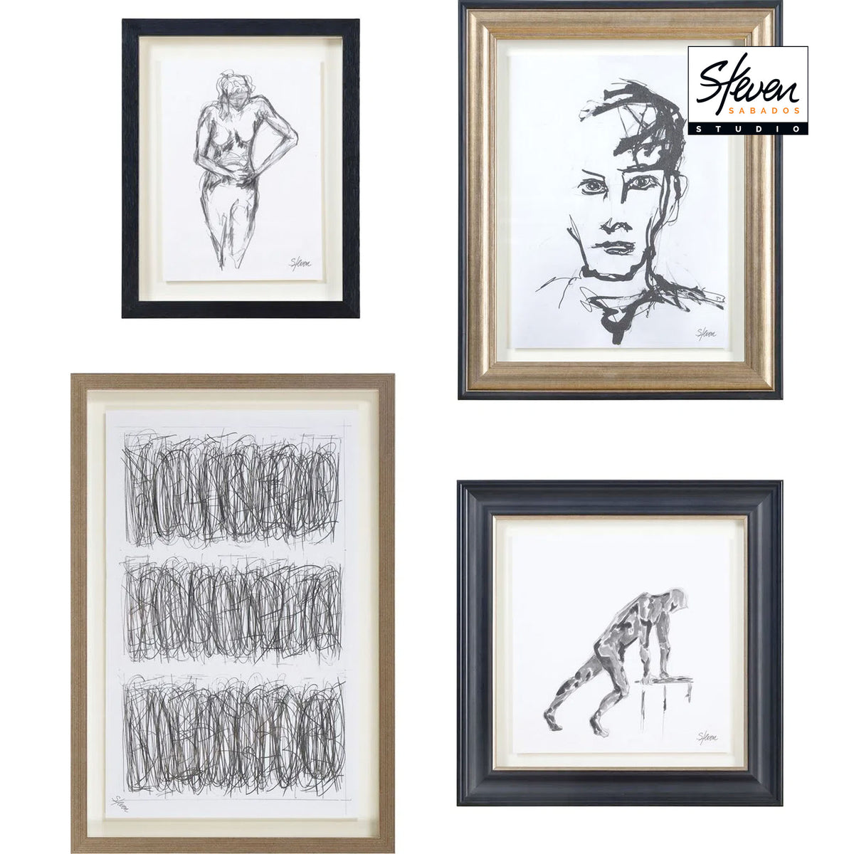 Studio Line - Sketch 4 Piece Wide Wall Art, Black-Wall Art Prints-DECOROLALA