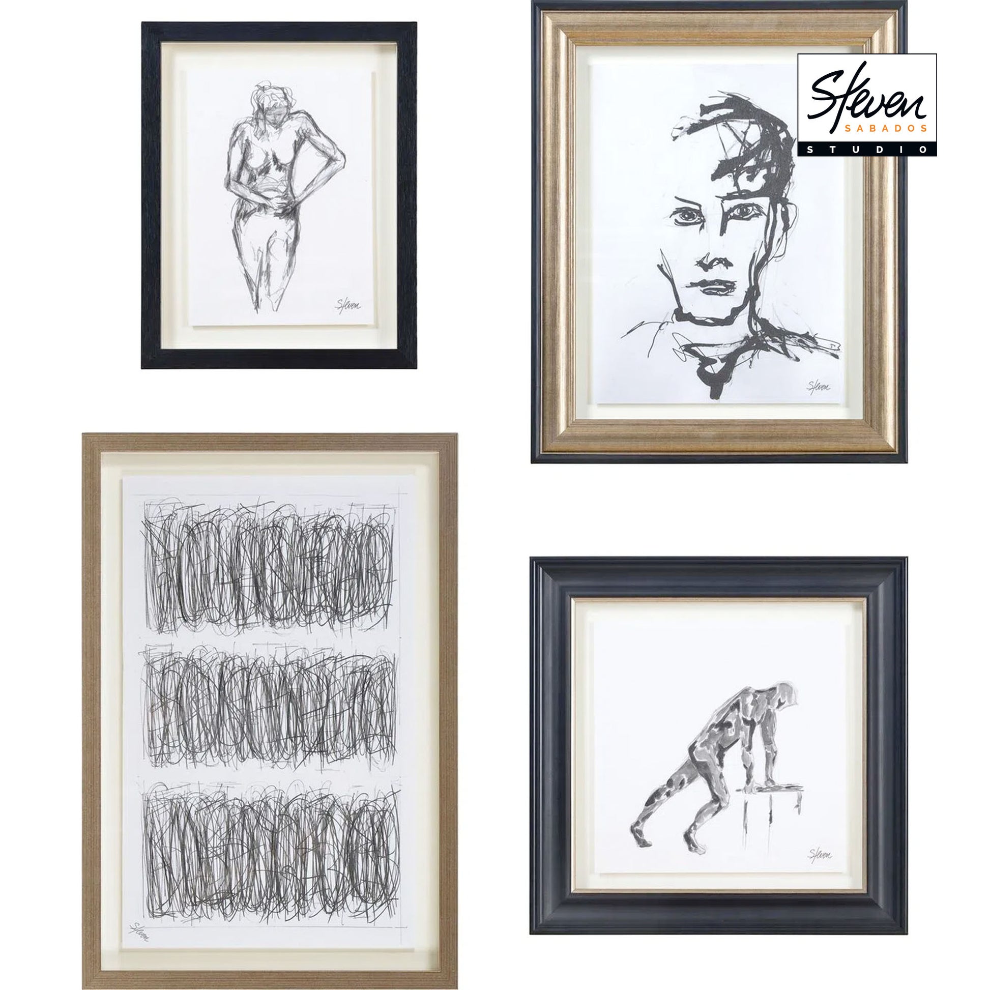 Studio Line - Sketch 4 Piece Wide Wall Art, Black-Wall Art-DECOROLALA