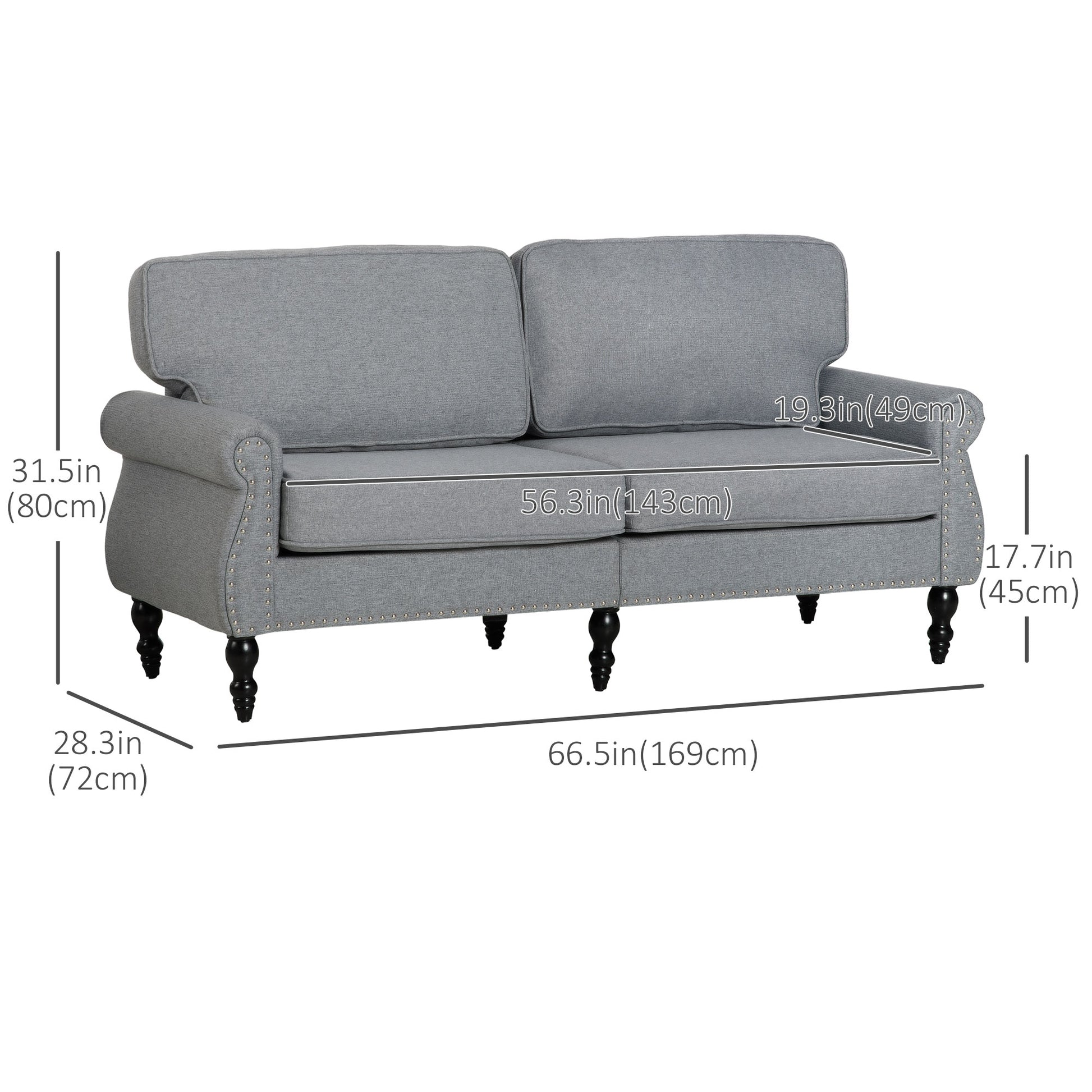 Stylish Grey Midback Double Sofa with Sponge Padding, 2 Seater Couch, Rubber Wood Legs-DECOROLALA