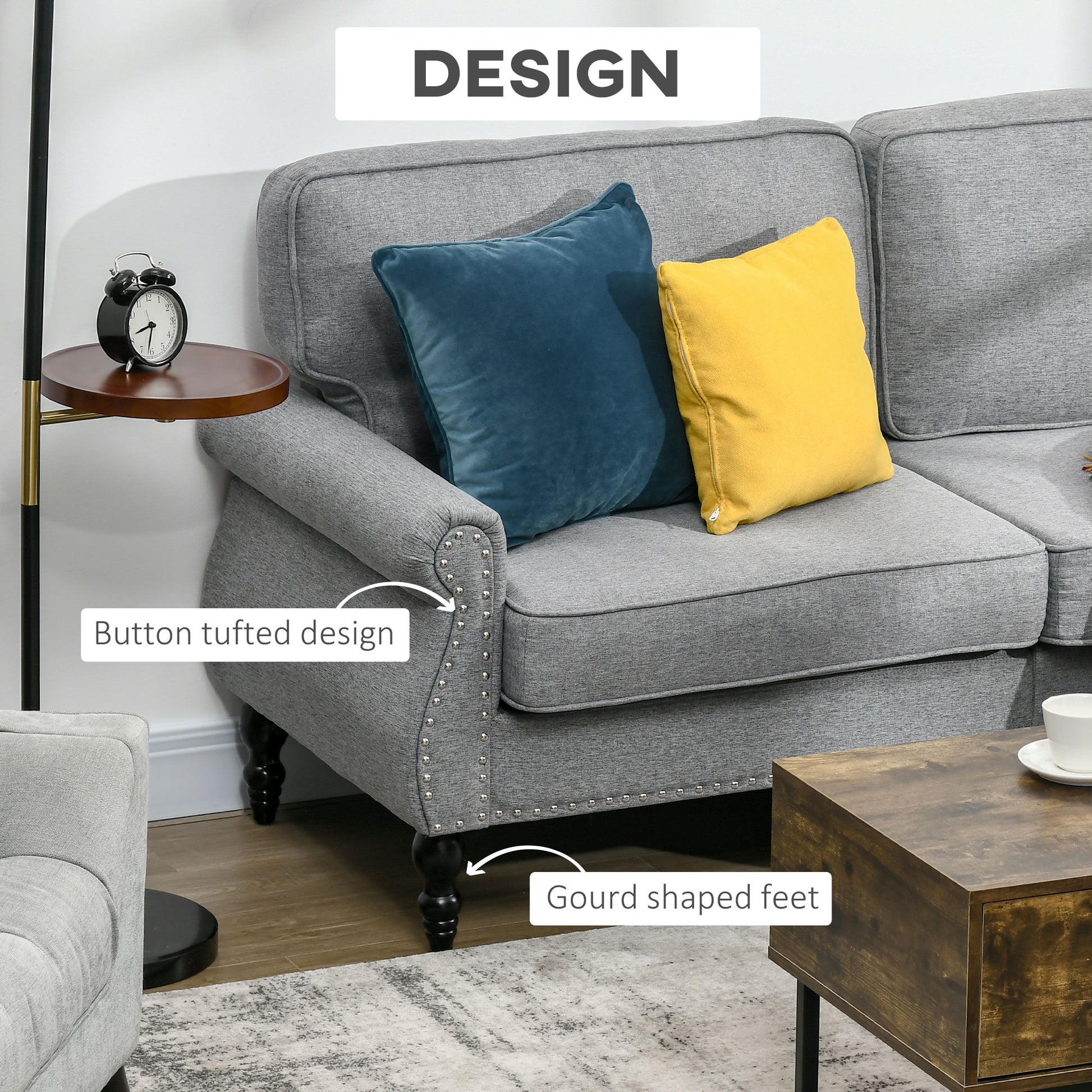 Stylish Grey Midback Double Sofa with Sponge Padding, 2 Seater Couch, Rubber Wood Legs-DECOROLALA
