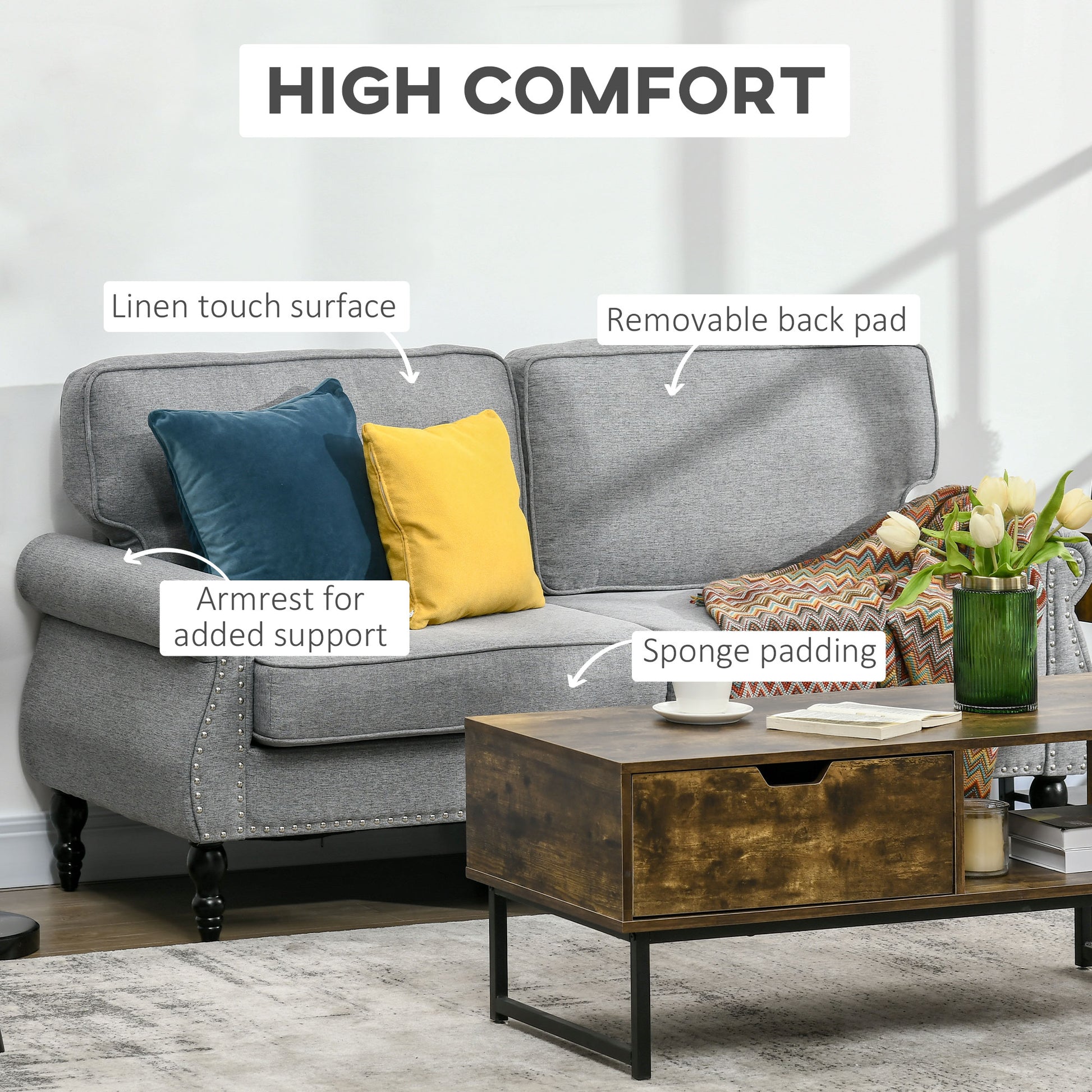 Stylish Grey Midback Double Sofa with Sponge Padding, 2 Seater Couch, Rubber Wood Legs-DECOROLALA