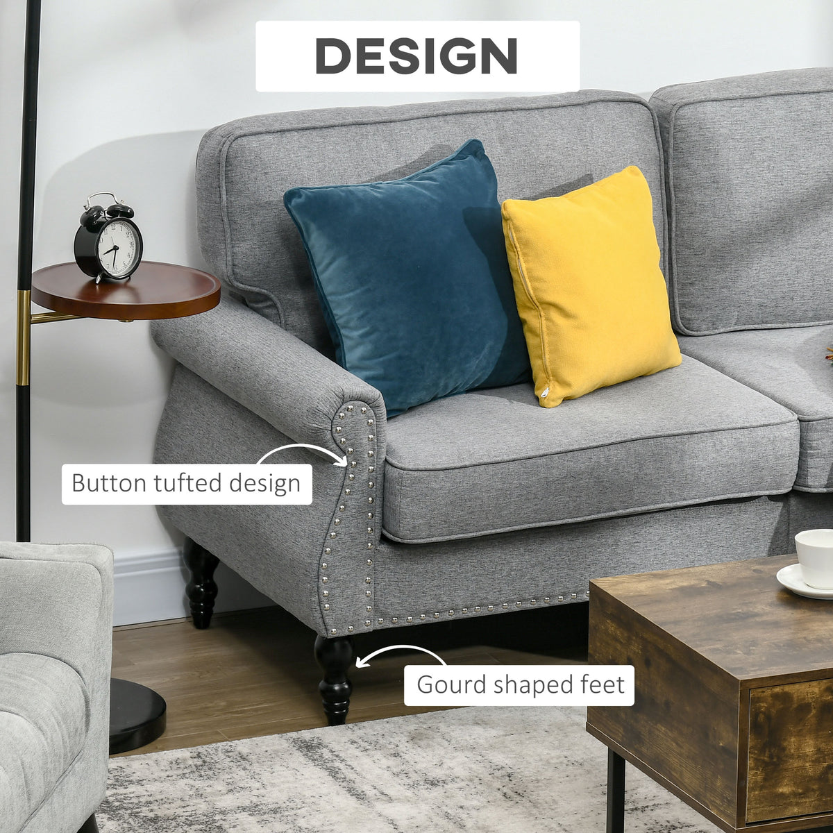 Stylish Grey Midback Double Sofa with Sponge Padding, 2 Seater Couch, Rubber Wood Legs-DECOROLALA