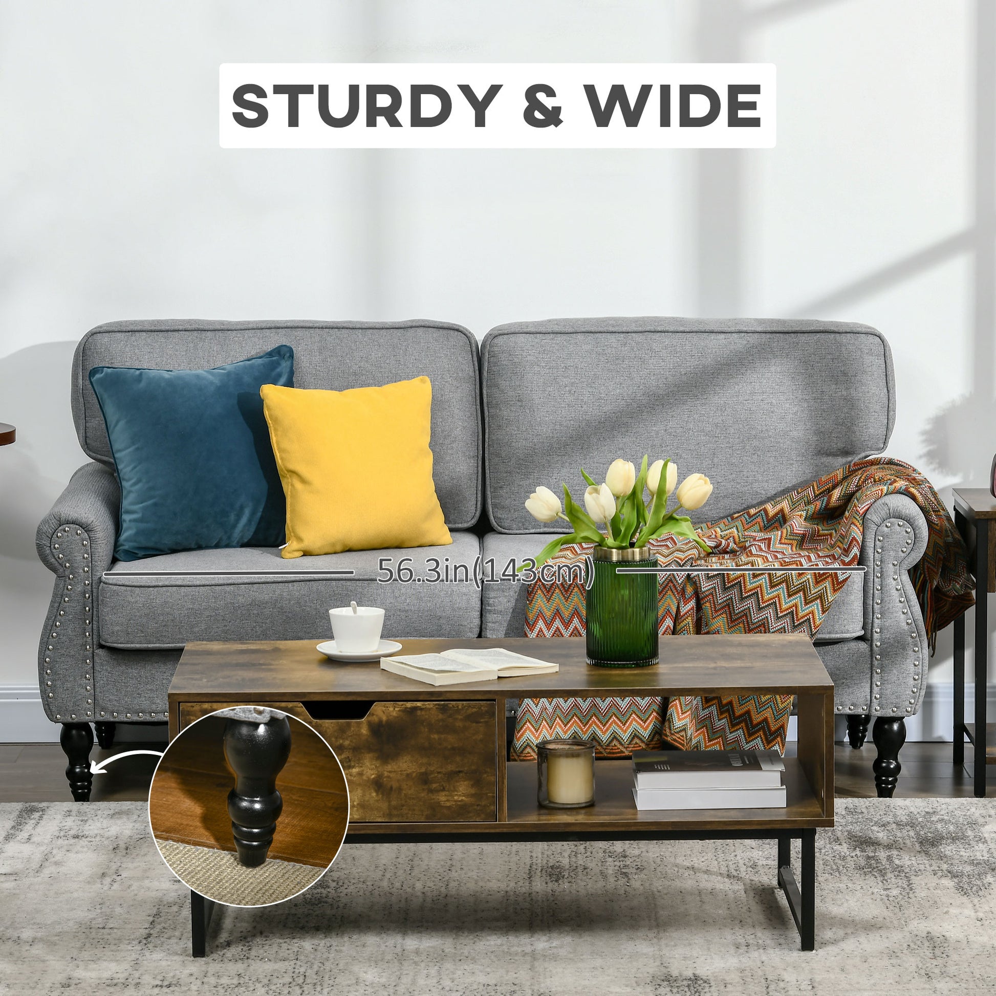 Stylish Grey Midback Double Sofa with Sponge Padding, 2 Seater Couch, Rubber Wood Legs-DECOROLALA