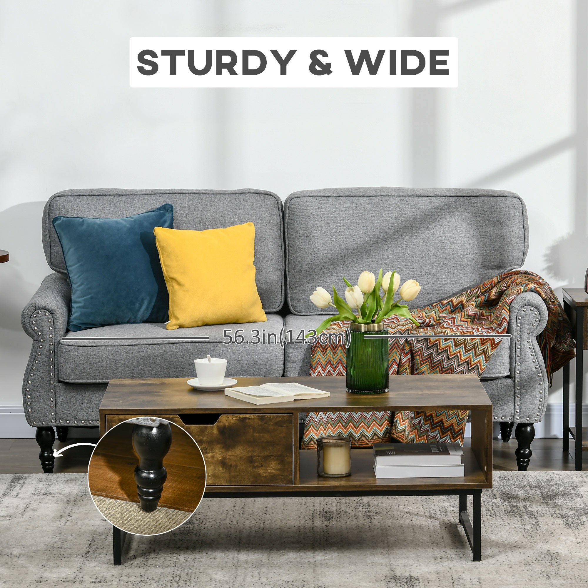 Stylish Grey Midback Double Sofa with Sponge Padding, 2 Seater Couch, Rubber Wood Legs-DECOROLALA