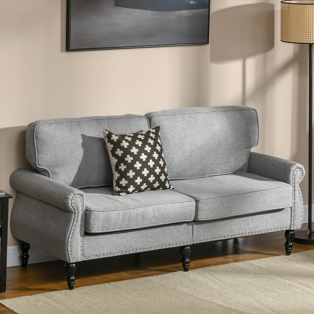 Stylish Grey Midback Double Sofa with Sponge Padding, 2 Seater Couch, Rubber Wood Legs-DECOROLALA