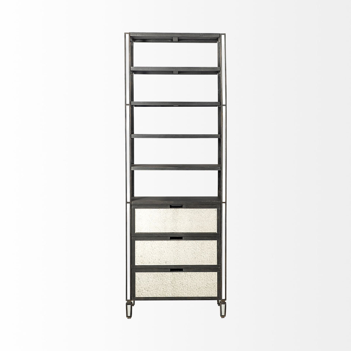 Sunnyvale 32L x 18W x 90H Dark Brown Solid Wood and Mirrored Glass Four Shelf Shelving Unit-Shelving-DECOROLALA