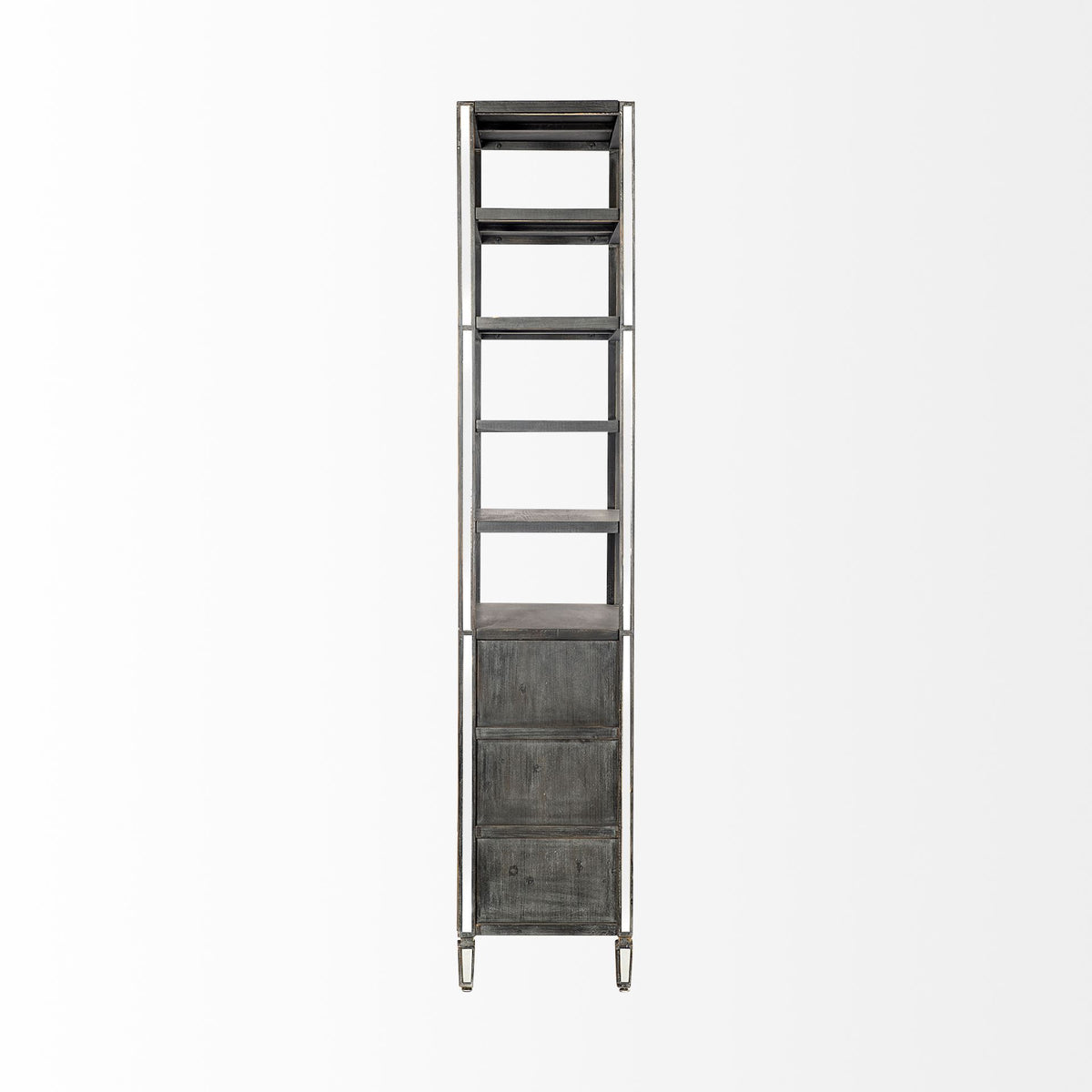 Sunnyvale 32L x 18W x 90H Dark Brown Solid Wood and Mirrored Glass Four Shelf Shelving Unit-Shelving-DECOROLALA