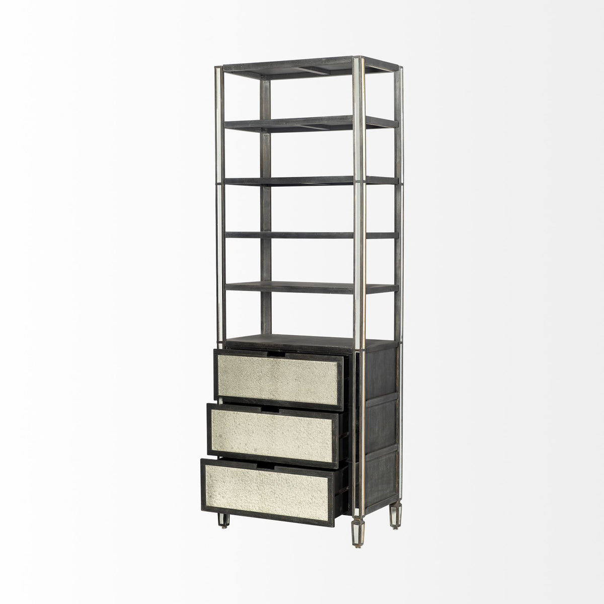 Sunnyvale 32L x 18W x 90H Dark Brown Solid Wood and Mirrored Glass Four Shelf Shelving Unit-Shelving-DECOROLALA
