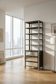 Sunnyvale 32L x 18W x 90H Dark Brown Solid Wood and Mirrored Glass Four Shelf Shelving Unit-Shelving-DECOROLALA