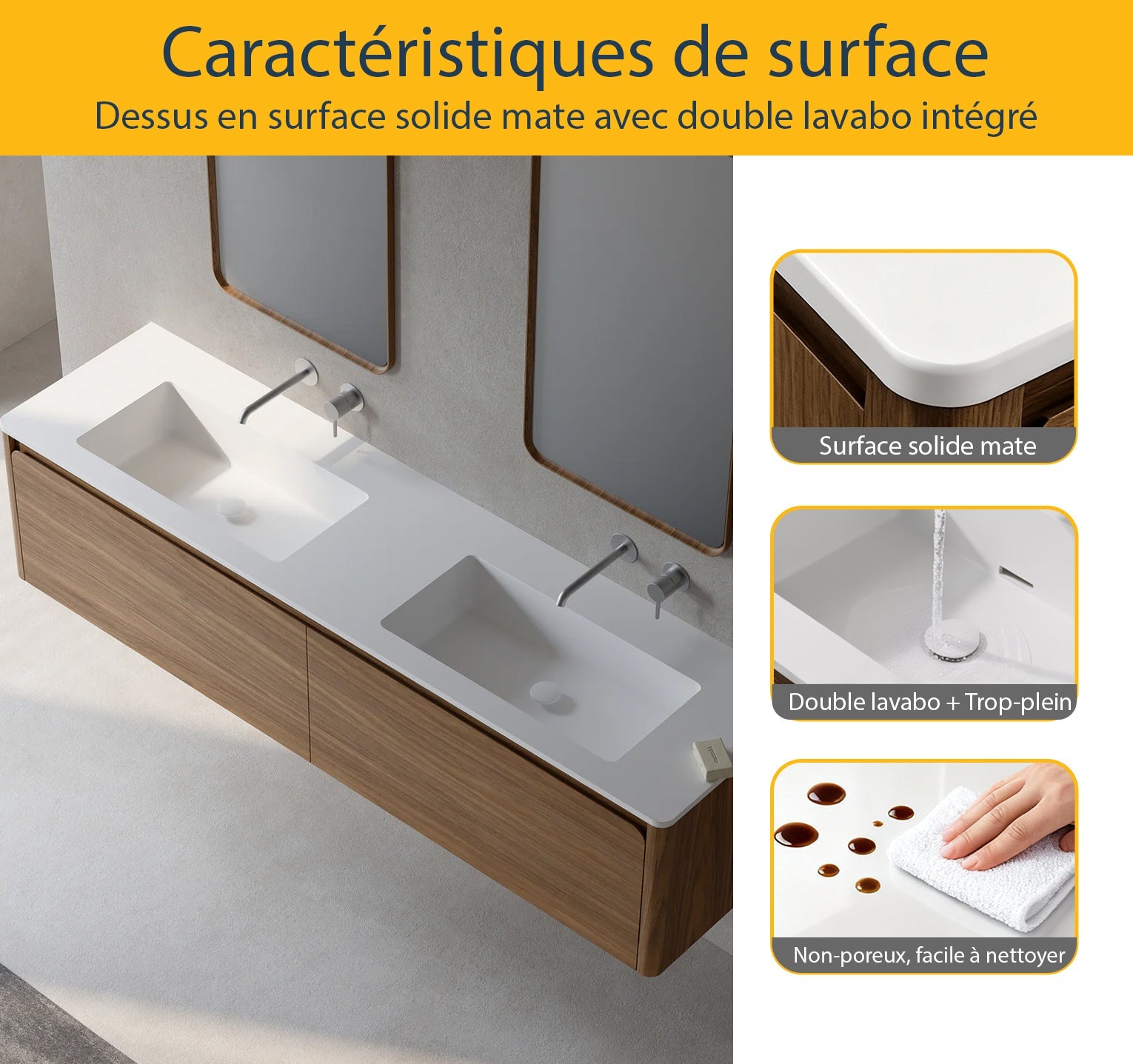 72" Walnut Wall Mount Double Sink Bathroom Vanity with Matte White Solid Surface Countertop