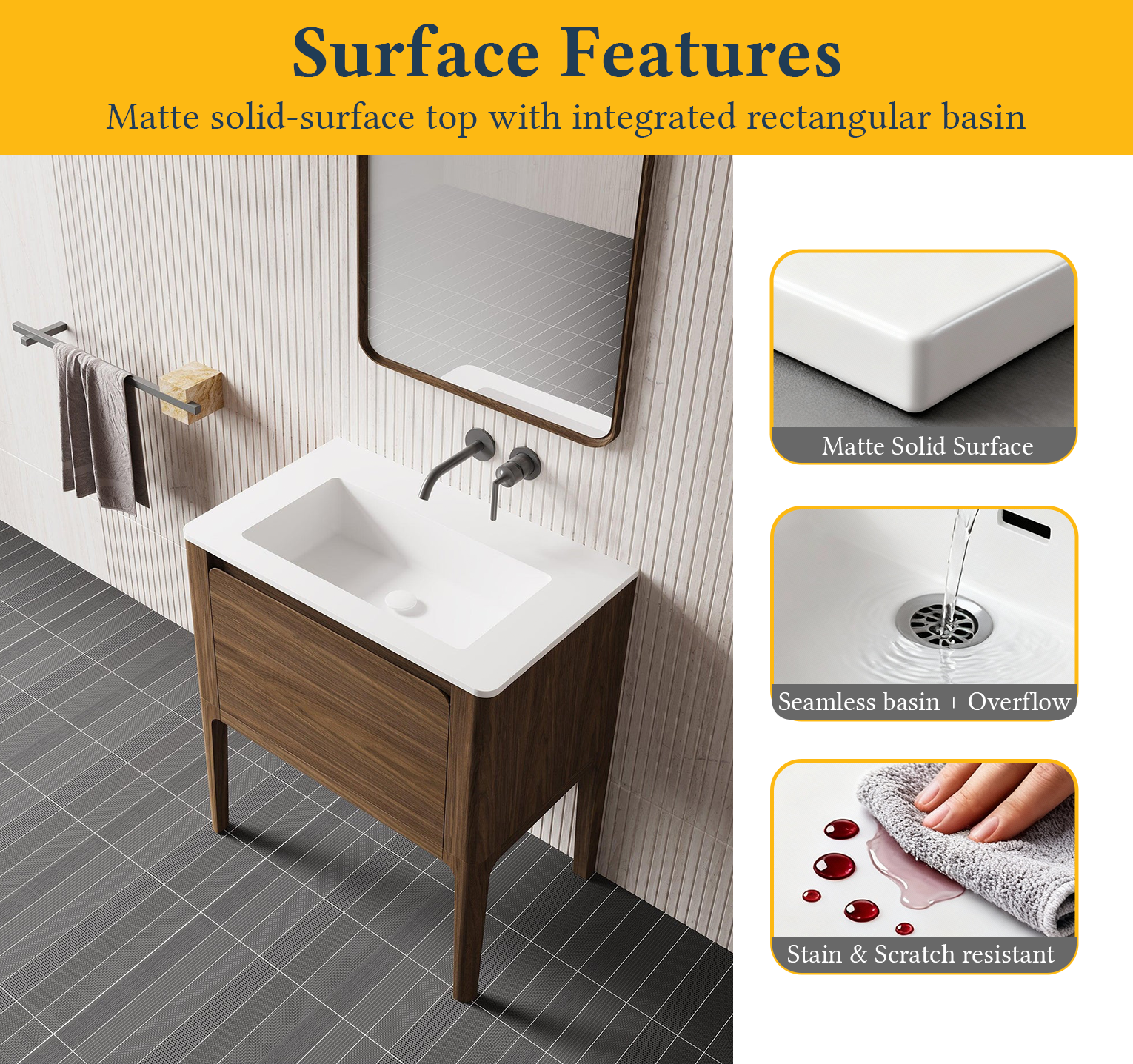 36" Walnut Wall Mount Bathroom Vanity with Matte White Solid Surface Countertop