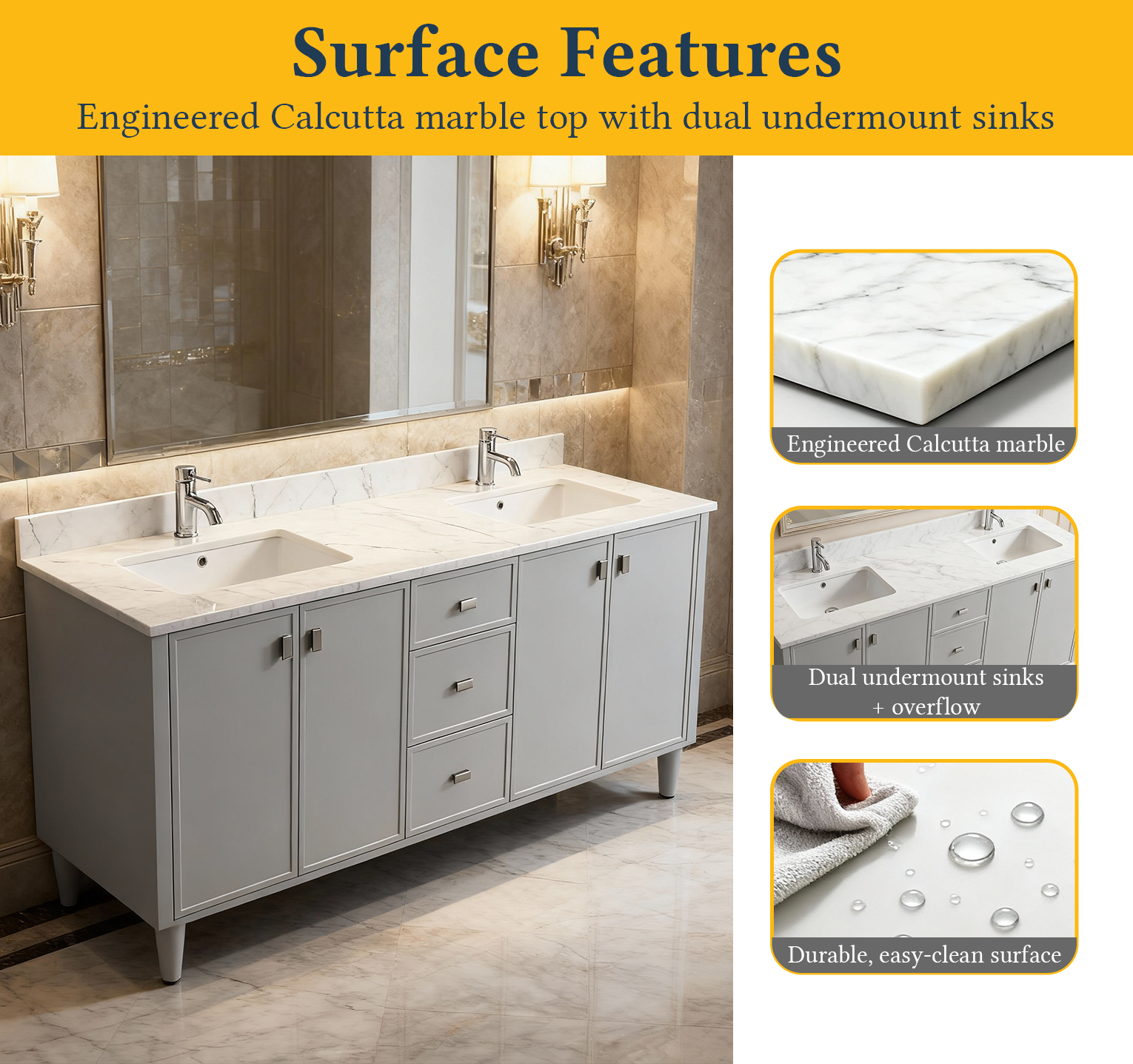 72" Hampton Grey Double Sink Freestanding Vanity with Engineered Calcutta Marble