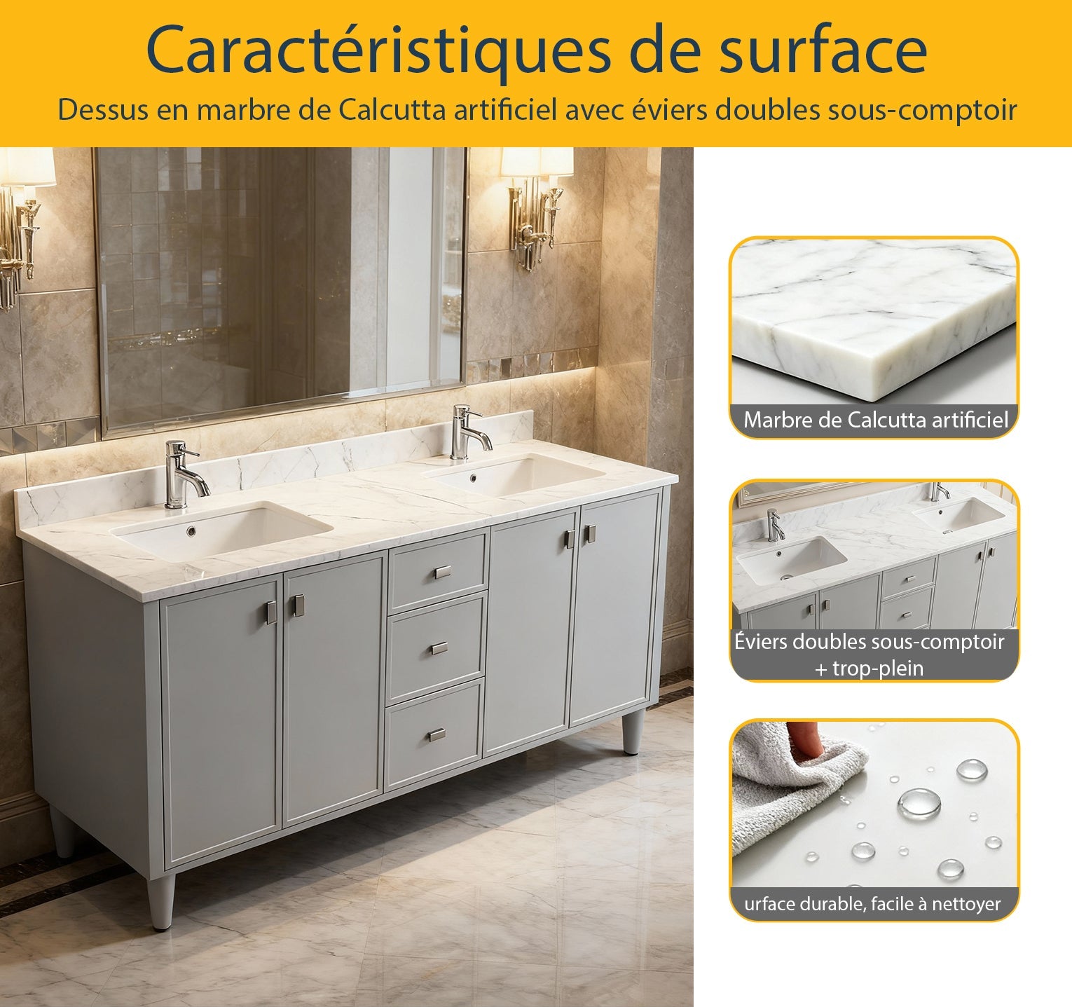 72" Hampton Grey Double Sink Freestanding Vanity with Engineered Calcutta Marble