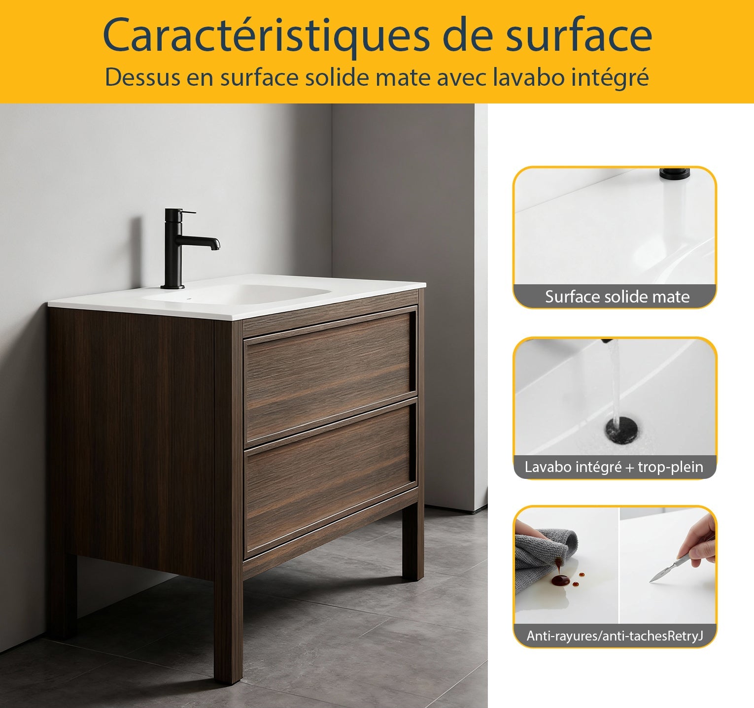 48" Smoked Oak Freestanding Single Sink Bathroom Vanity with White Solid Surface Countertop