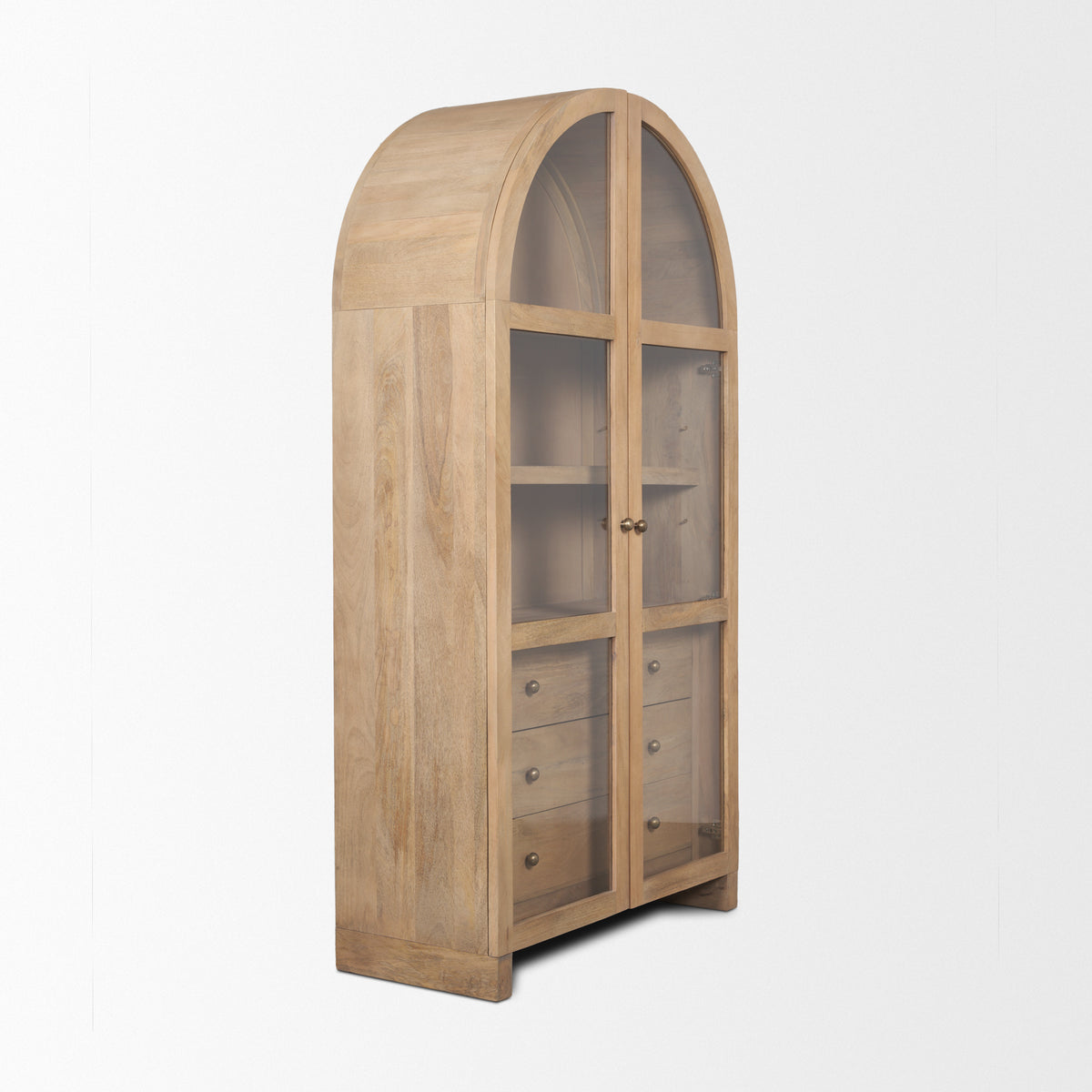 Suri Light Brown Wood W/Glass Doors Arched Curio Cabinet-Cabinets-DECOROLALA
