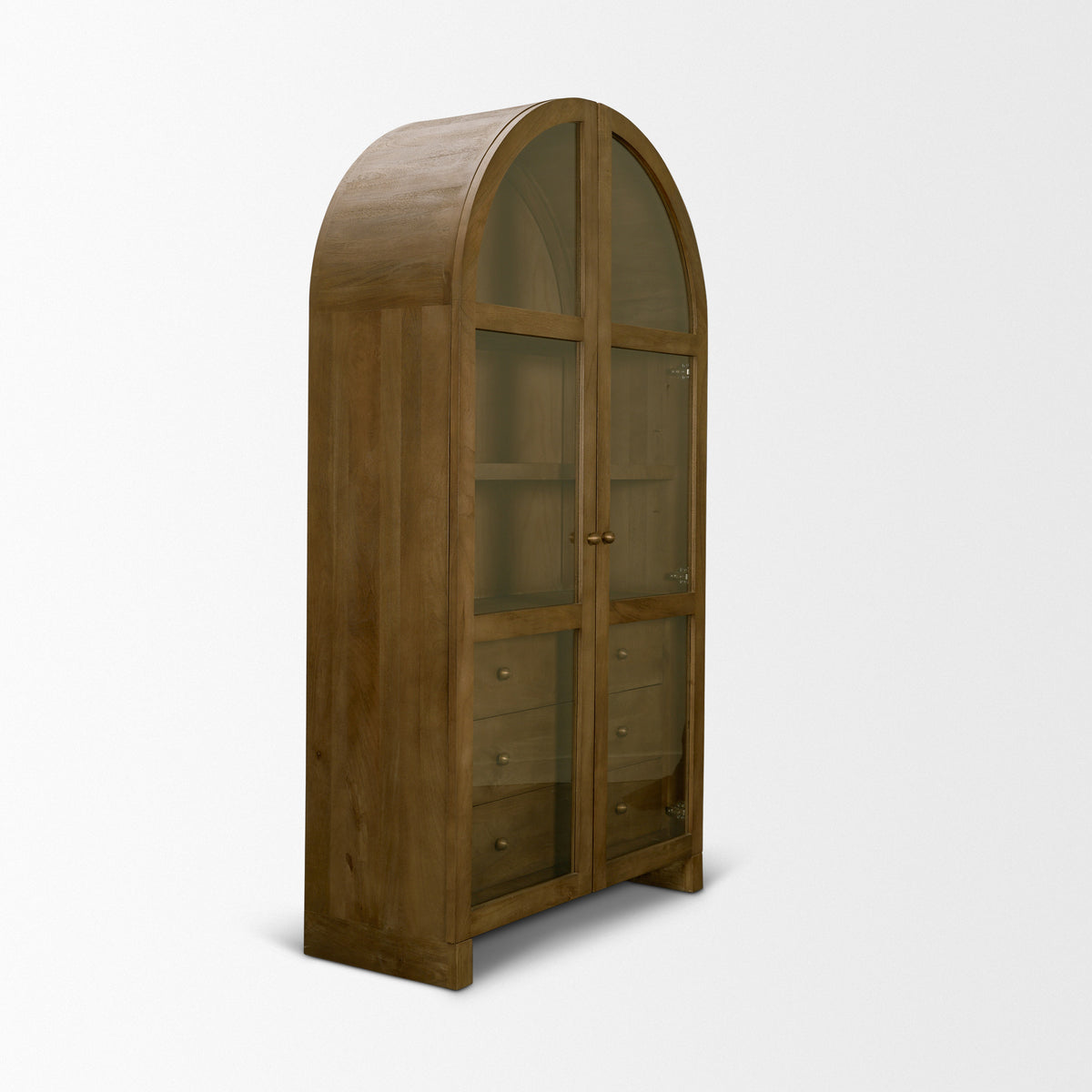Suri Light Brown Wood W/Glass Doors Arched Curio Cabinet-Cabinets-DECOROLALA