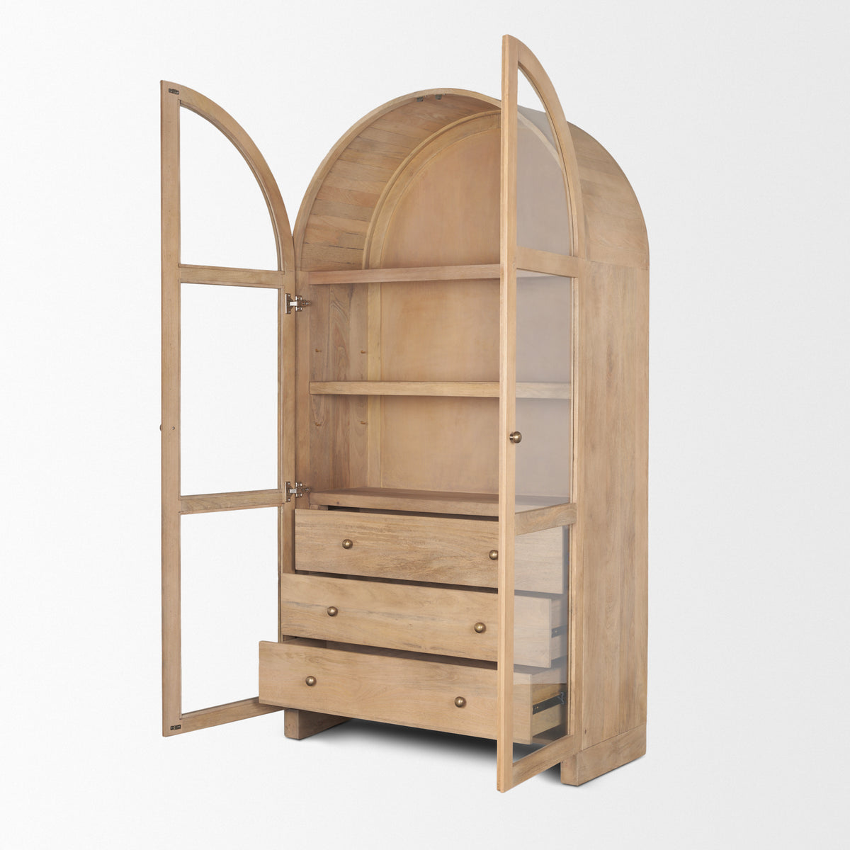 Suri Light Brown Wood W/Glass Doors Arched Curio Cabinet-Cabinets-DECOROLALA