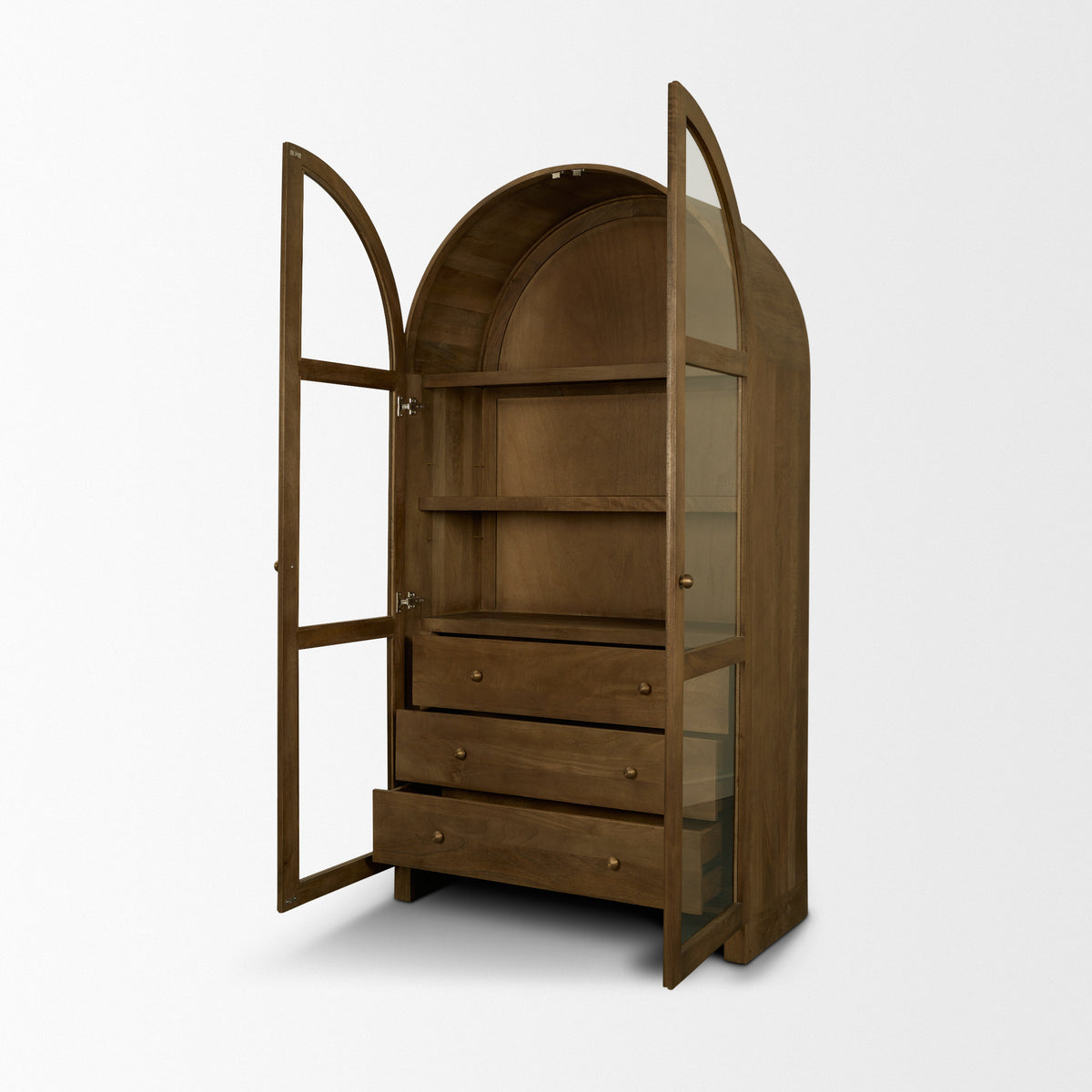 Suri Light Brown Wood W/Glass Doors Arched Curio Cabinet-Cabinets-DECOROLALA