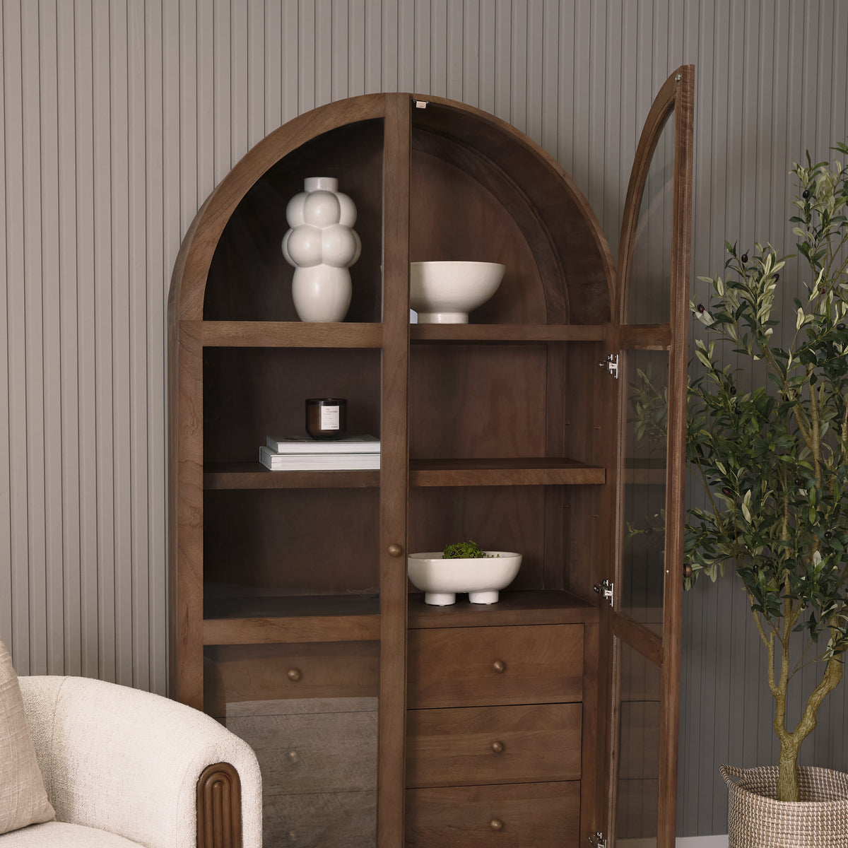 Suri Light Brown Wood W/Glass Doors Arched Curio Cabinet-Cabinets-DECOROLALA