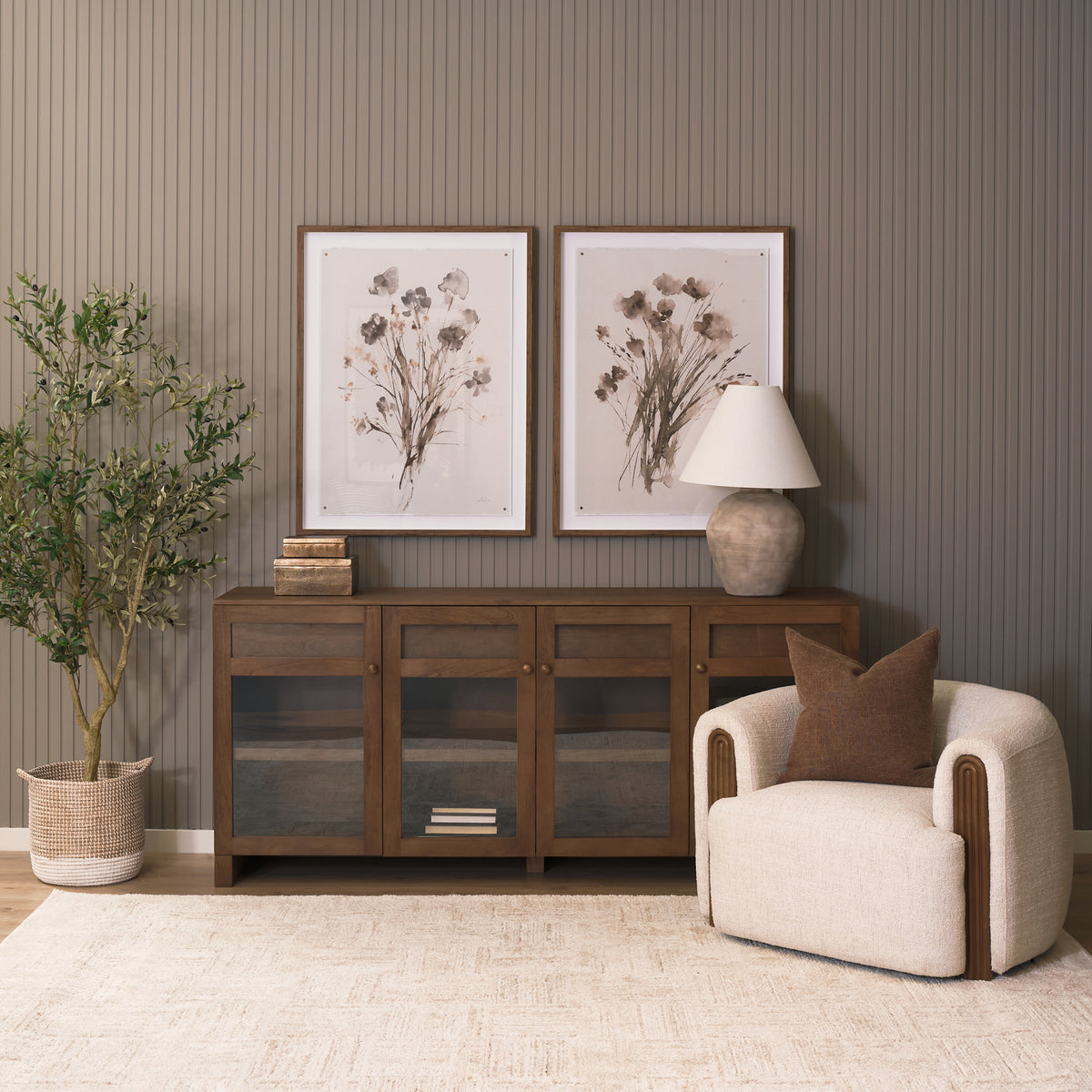 Suri Light Brown Wood w/ Glass Doors Sideboard-Sideboards & Buffets-DECOROLALA