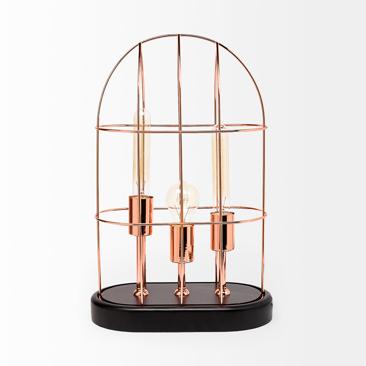 Sutton (19.3"H) Rose-Gold Metal Cylindrical Cage Three Bulb Table Lamp-Table Lamps-DECOROLALA
