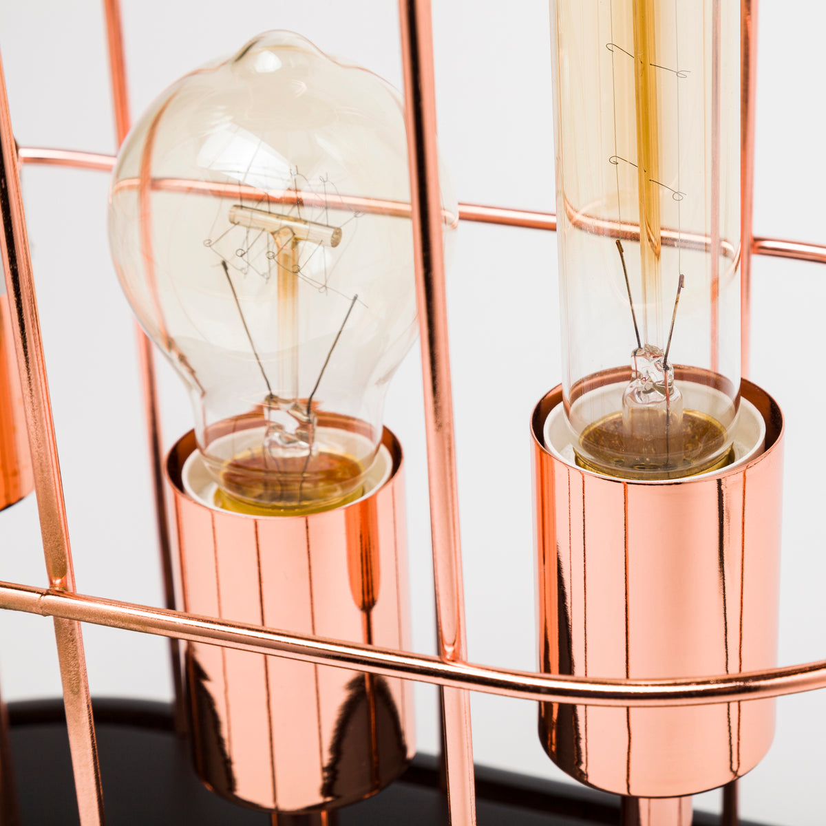 Sutton (19.3"H) Rose-Gold Metal Cylindrical Cage Three Bulb Table Lamp-Table Lamps-DECOROLALA