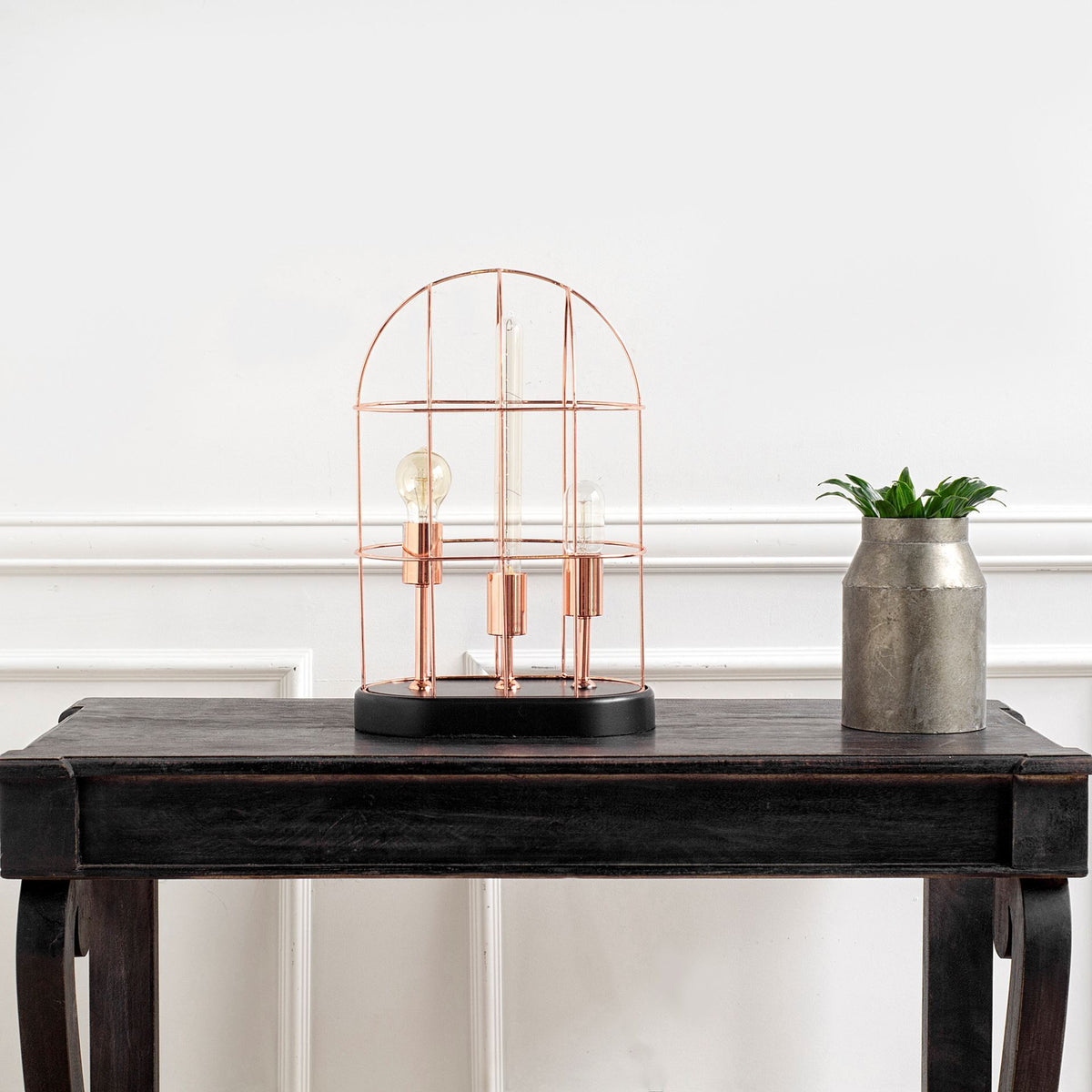 Sutton (19.3"H) Rose-Gold Metal Cylindrical Cage Three Bulb Table Lamp-Table Lamps-DECOROLALA