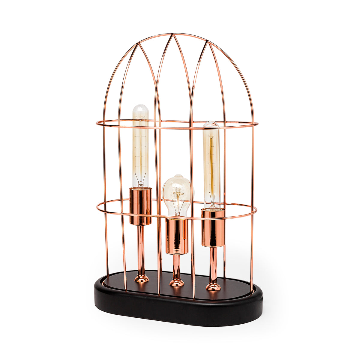 Sutton Rose Gold Metal Cylindrical Cage 3-Bulb Table Lamp-Table Lamps-DECOROLALA
