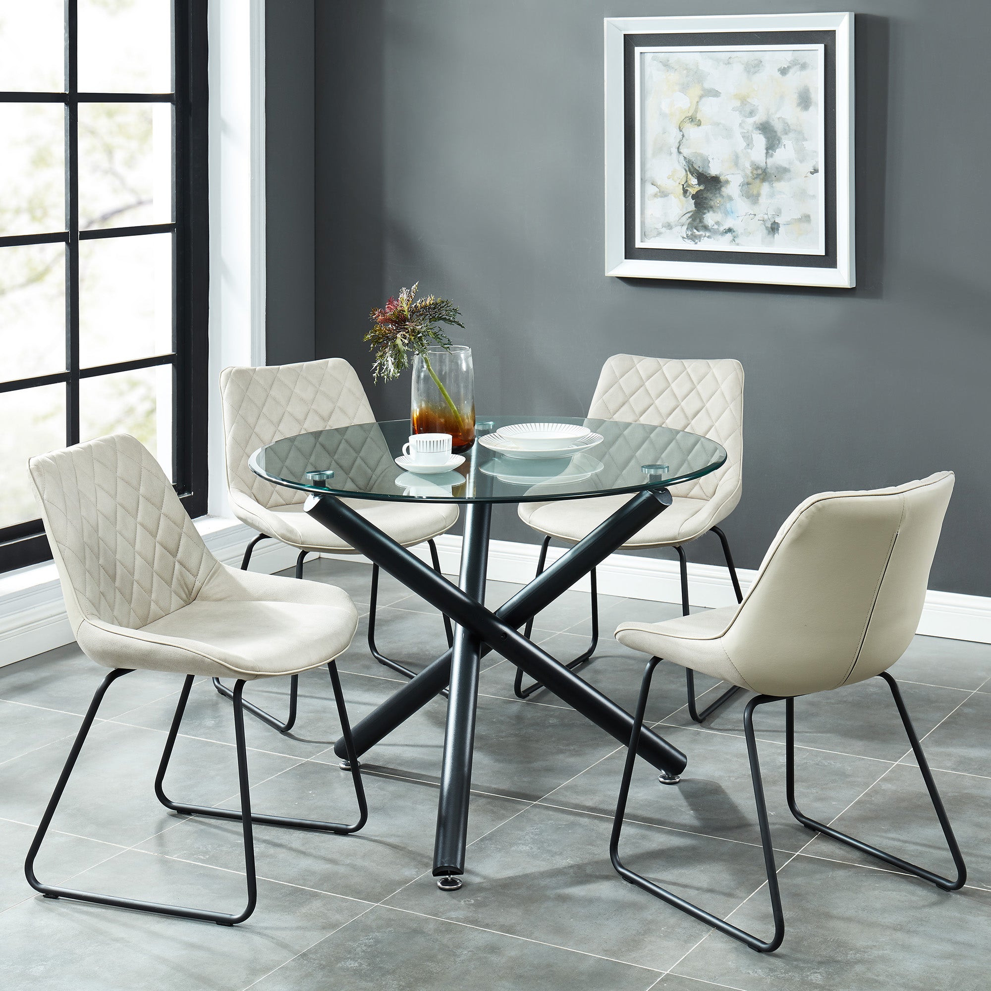 Suzette Dining Table - 40" Round Black Glass Top-DECOROLALA