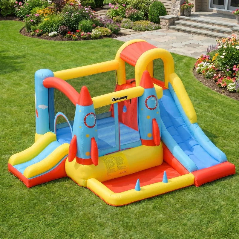 Château gonflable Outsunny avec trampoline, toboggan et piscine, design fusée, 11.14' x 9.18' x 6.06'