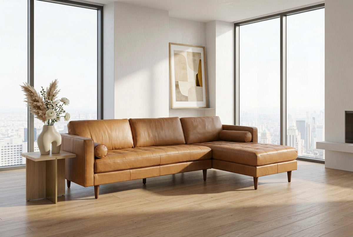 Svend 111.4L x 68.0W x 33.9H Tan Leather Right Chaise Sectional Sofa-Sofa & Sectionals-DECOROLALA