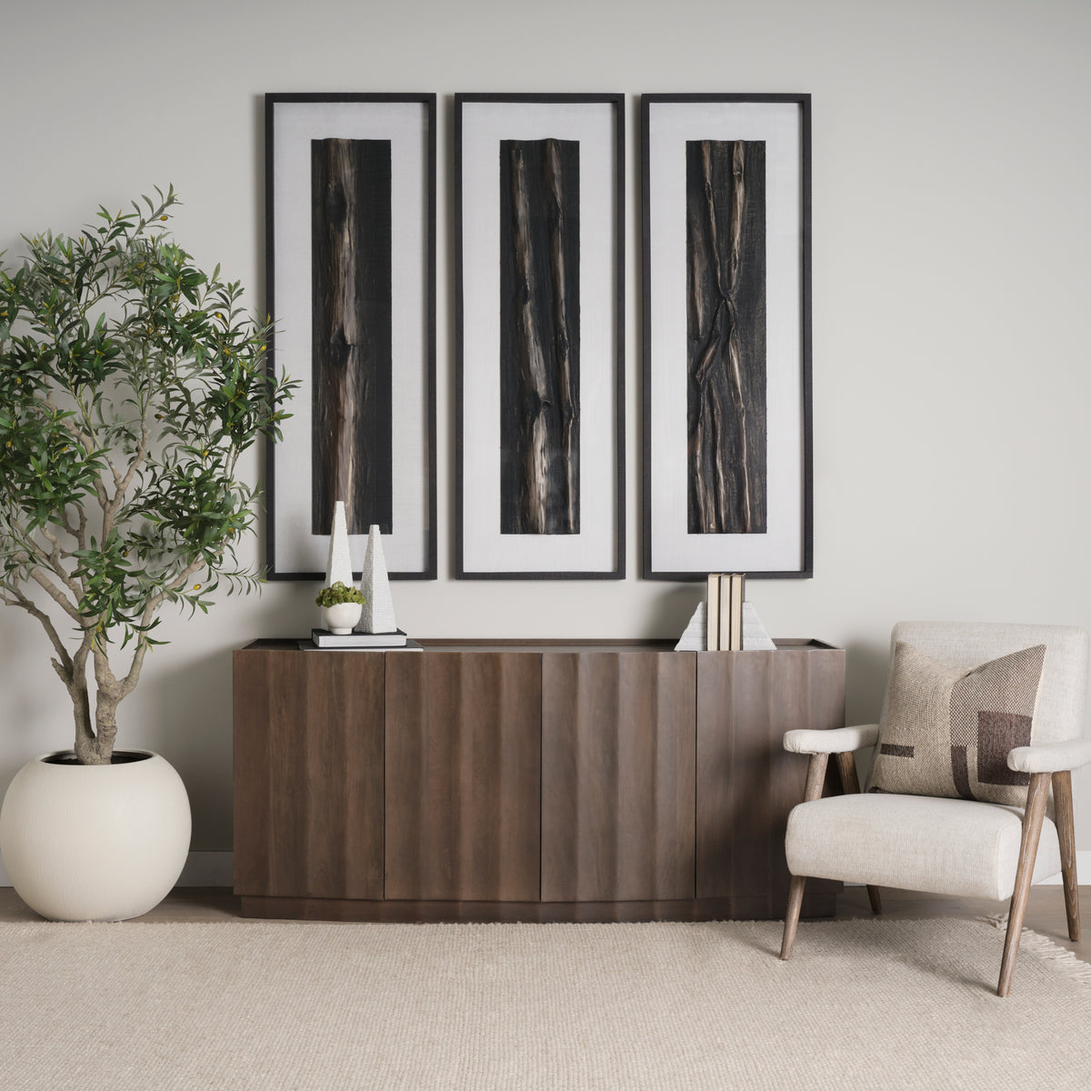 Swanson Dark Brown Wooden Scalloped Sideboard-Sideboards & Buffets-DECOROLALA