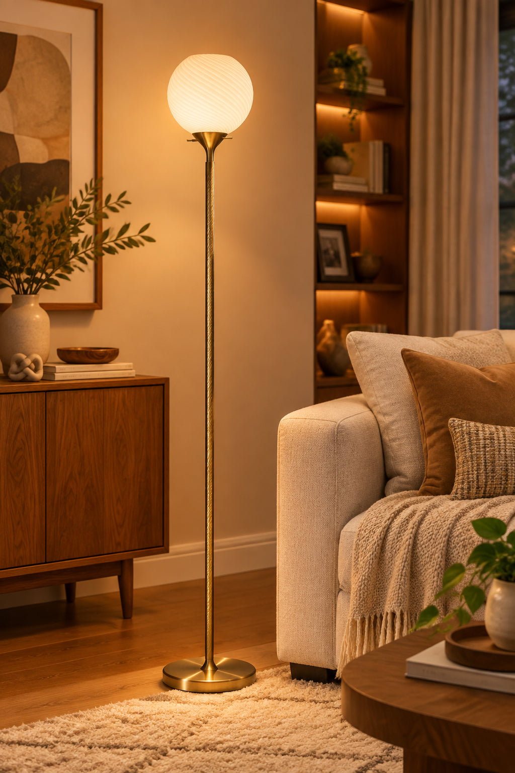 Swirl Floor Lamp - Opal Glass 58.75" Brass-Lighting-DECOROLALA