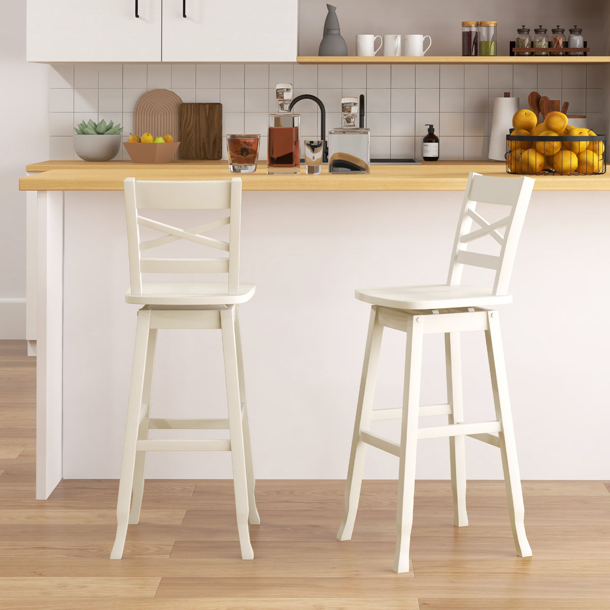 Swivel 30-Inch Bar Height Stool Set of 2 with Footrest-Cream White-Bar Stools-DECOROLALA