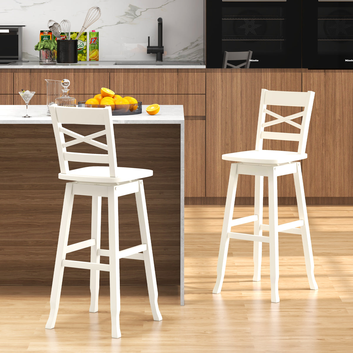 Swivel 30-Inch Bar Height Stool Set of 2 with Footrest-Cream White-Bar Stools-DECOROLALA