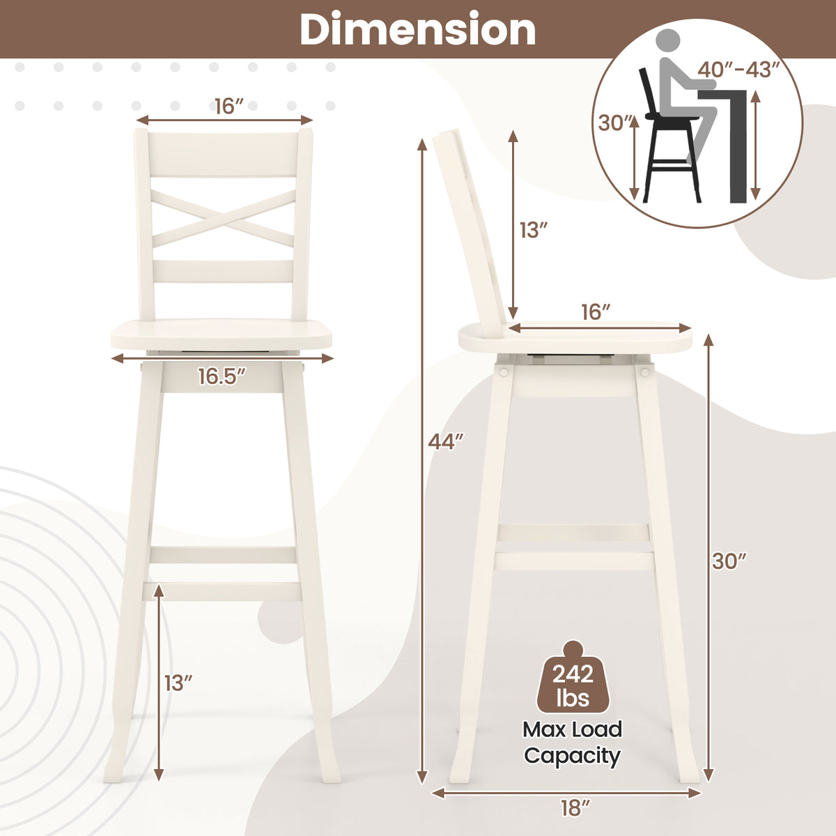 Swivel 30-Inch Bar Height Stool Set of 2 with Footrest-Cream White-Bar Stools-DECOROLALA