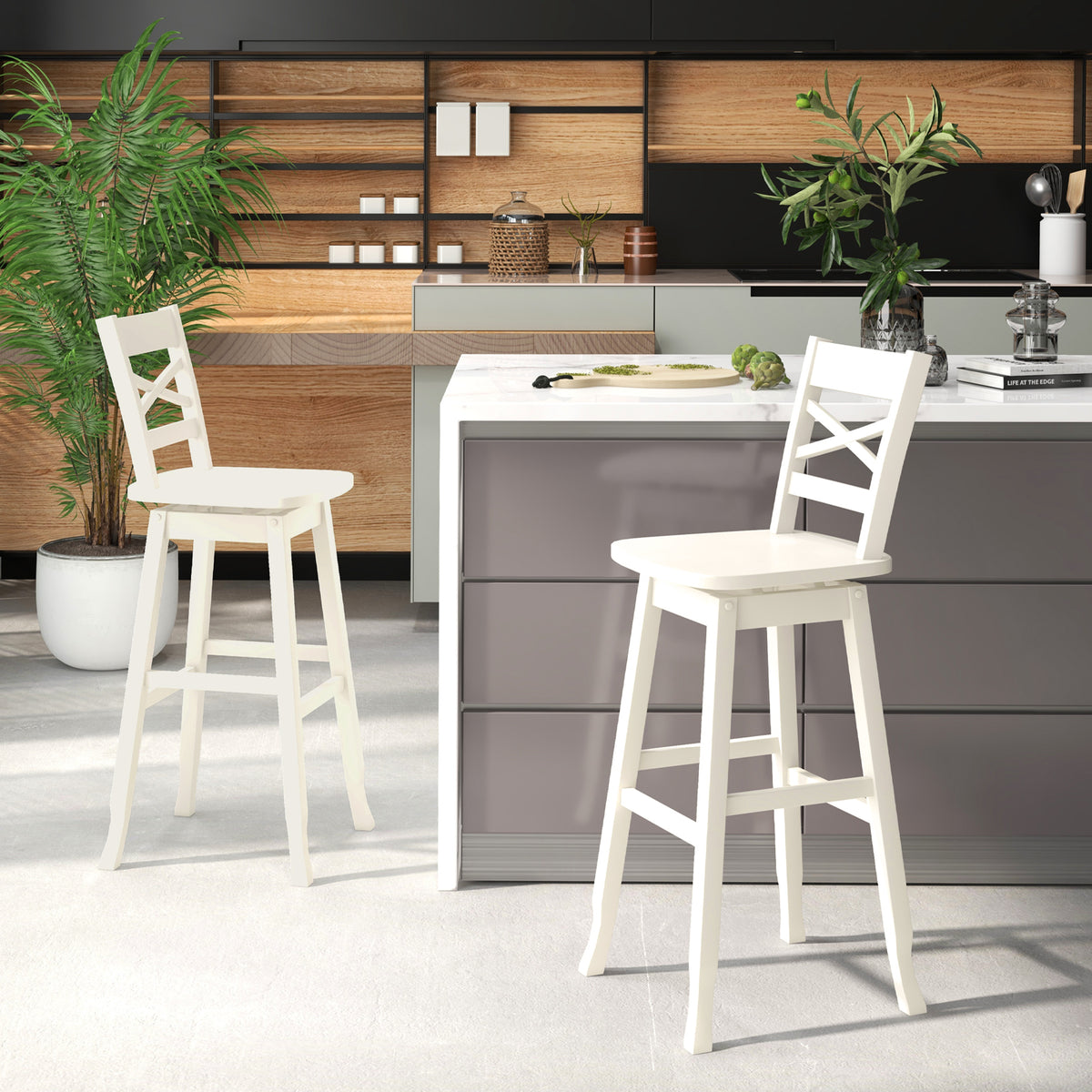 Swivel 30-Inch Bar Height Stool Set of 2 with Footrest-Cream White-Bar Stools-DECOROLALA
