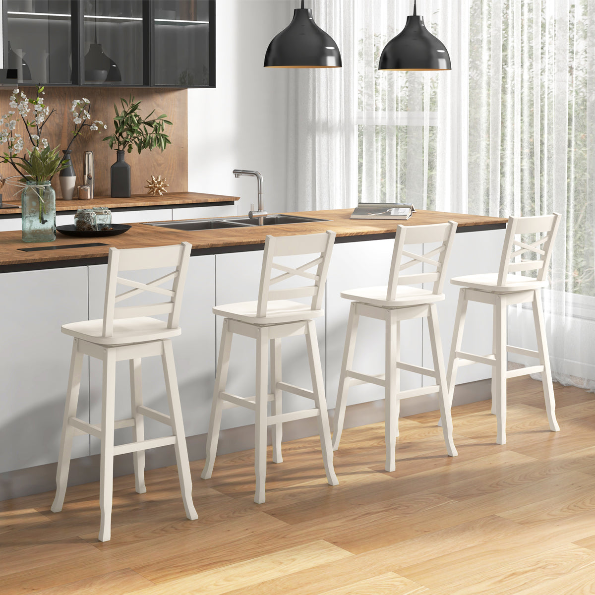 Swivel 30-Inch Bar Height Stool Set of 2 with Footrest-Cream White-Bar Stools-DECOROLALA