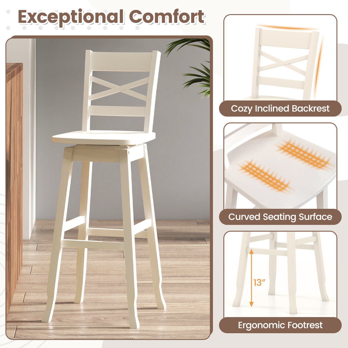 Swivel 30-Inch Bar Height Stool Set of 2 with Footrest-Cream White-Bar Stools-DECOROLALA